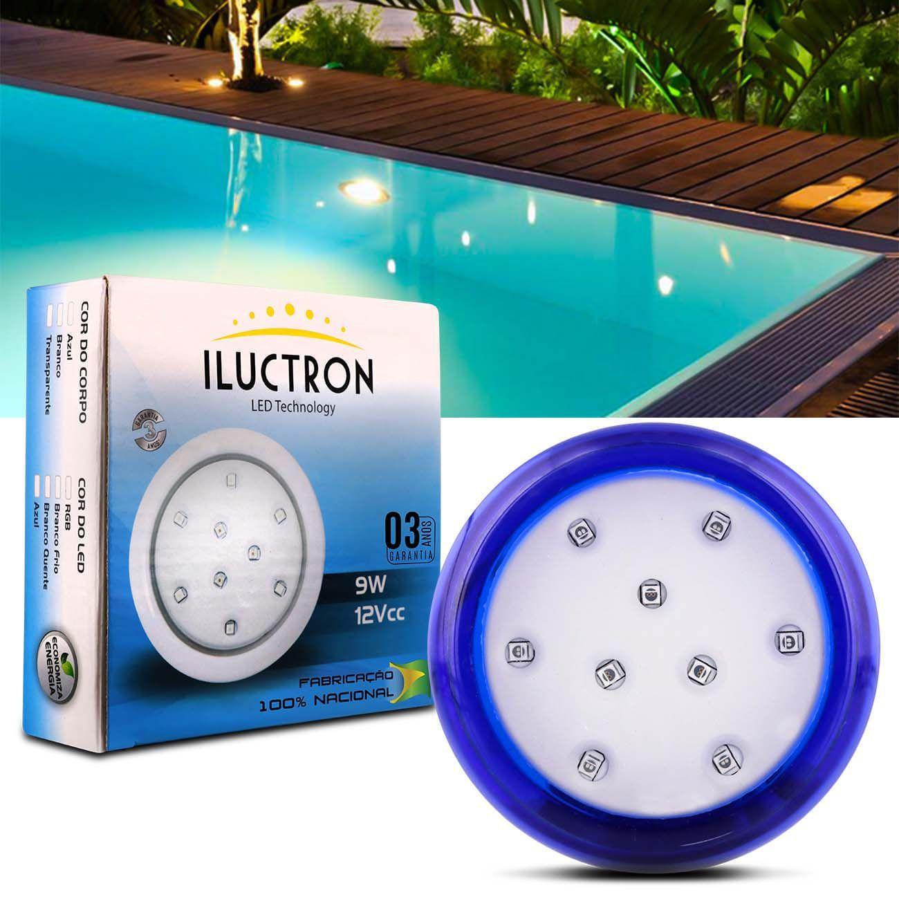 Luminária LED Piscina RGB 9 Leds 9W 900LM 12V 80mm Multicolor Azul
