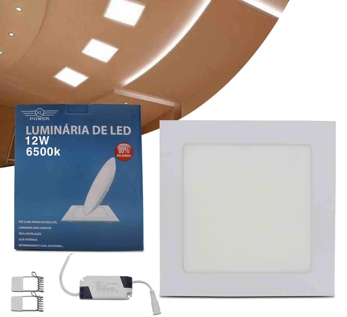 Luminária Led Quadrada Branco Frio 6500K 12W Bivolt + Reator Embutir Teto Gesso Sanca Painel