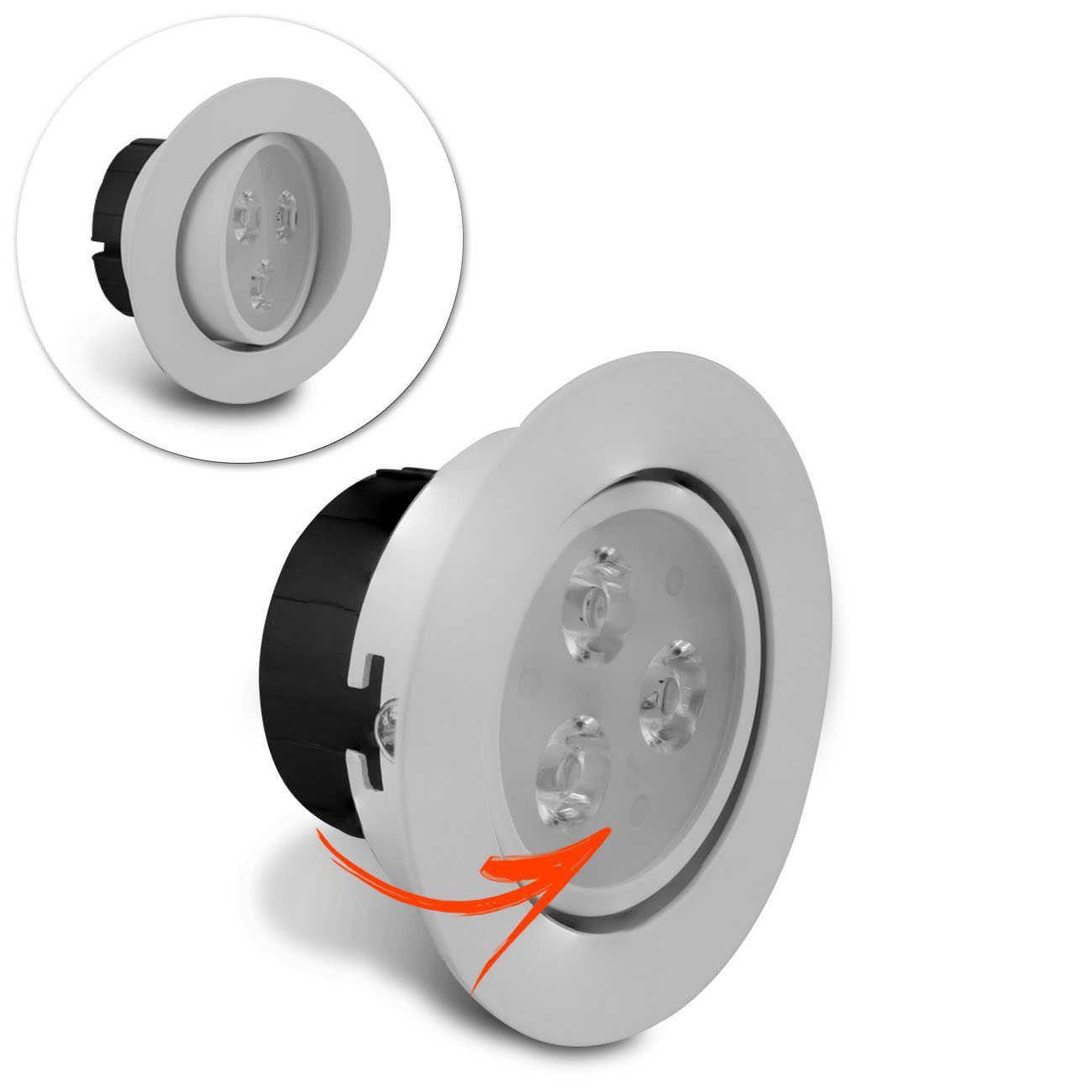 Luminária LED Redonda 6000K Branca 3W Direcionável Bivolt Alumínio Teto Spot Embutir Gesso Sanca