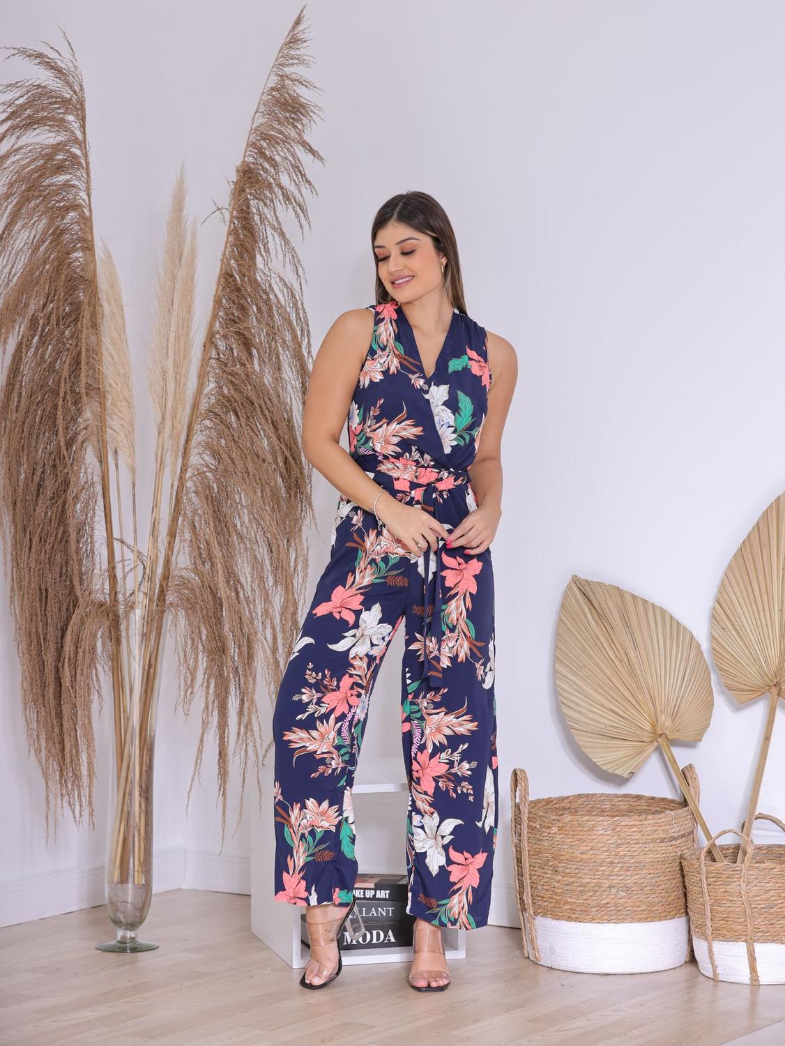 Macacão Longo Macaquinho Tecido Estampado Longo Macacão Estampado