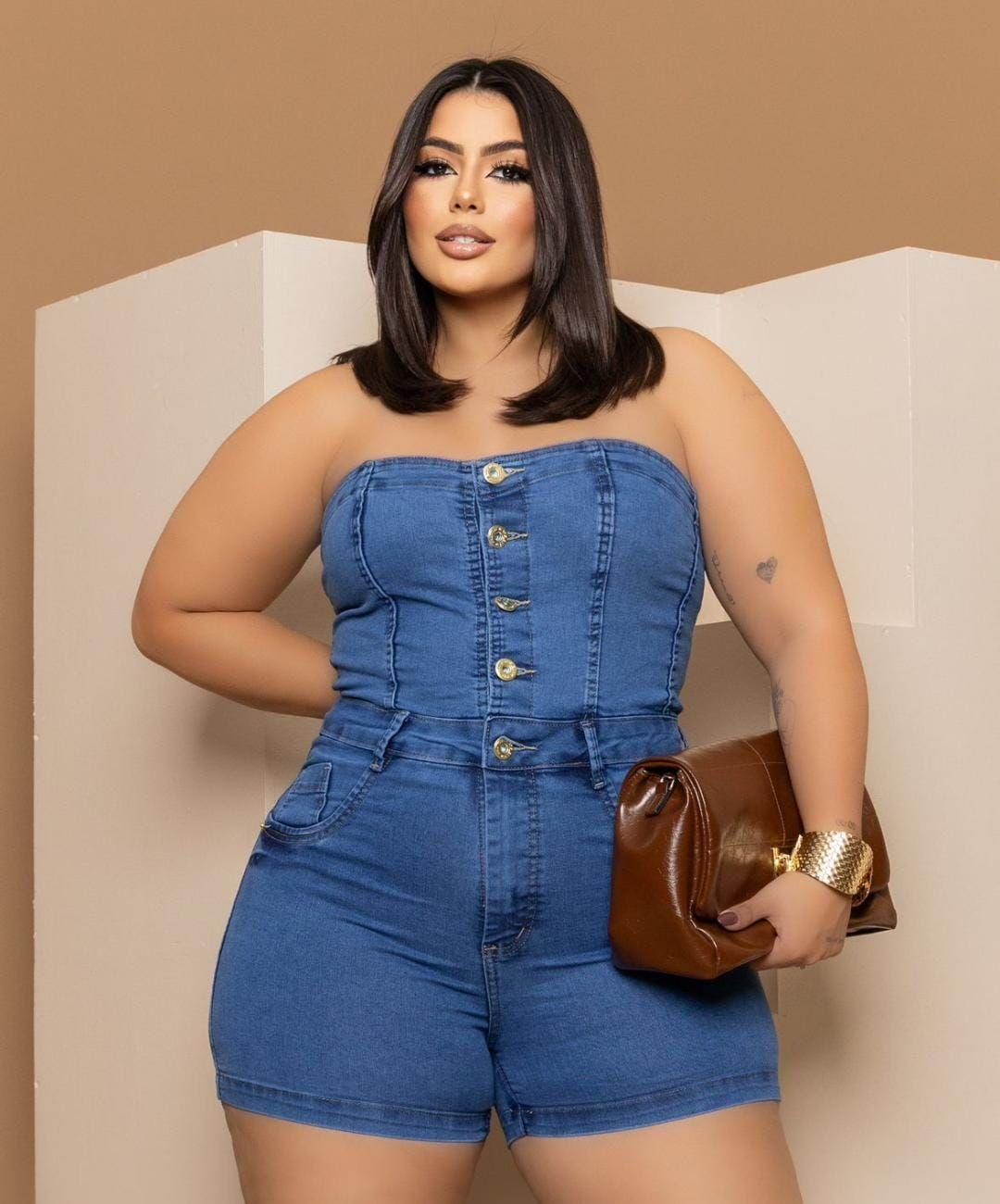 Plus Size Macaquinho Jeans Saia Macaquinho MacacÃ£o Jeans Saia