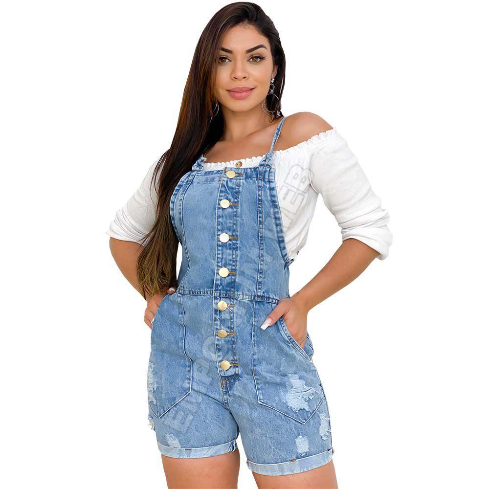 jardineira jeans claro feminina