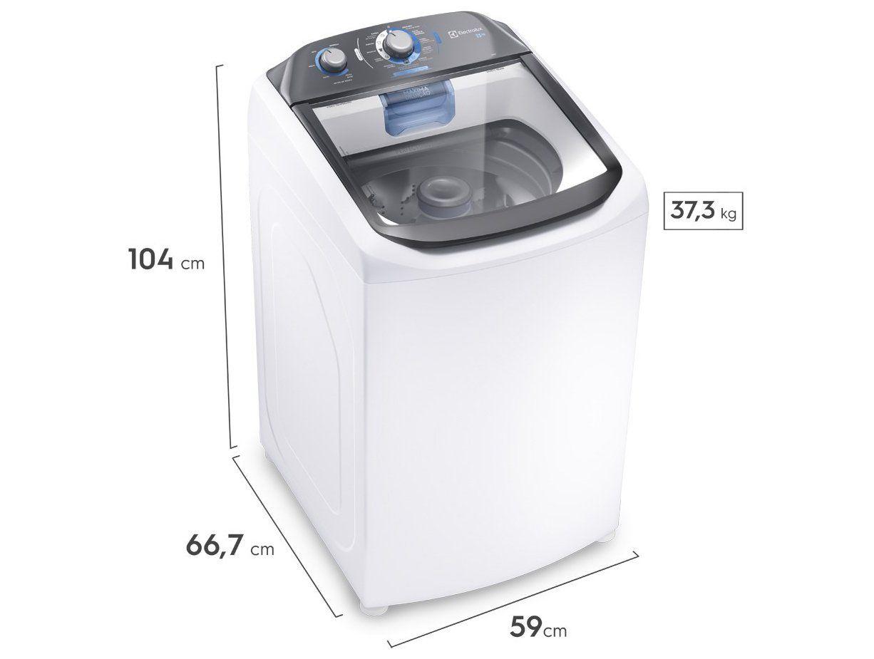 Máquina de lavar Electrolux Efficient 13kg LDA13 em perspectiva lateral, com as dimensões de altura (104 cm), largura (59 cm), profundidade (66,7 cm) e peso (37,3 kg) indicadas.