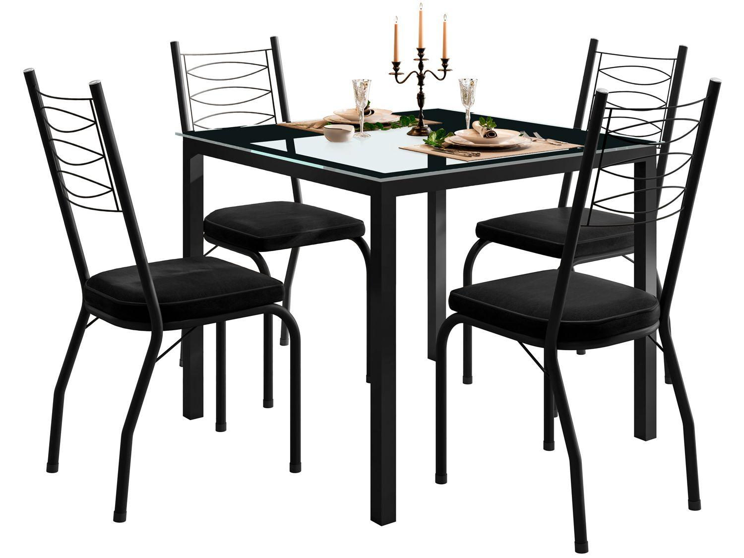 Mesa de Jantar 4 Cadeiras Quadrada Preta Tampo de Vidro Artefamol Florença