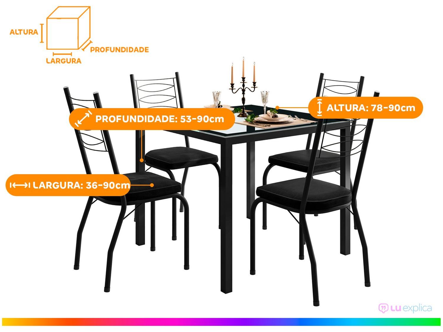 Mesa de Jantar 4 Cadeiras Quadrada Preta Tampo de Vidro Artefamol Florença