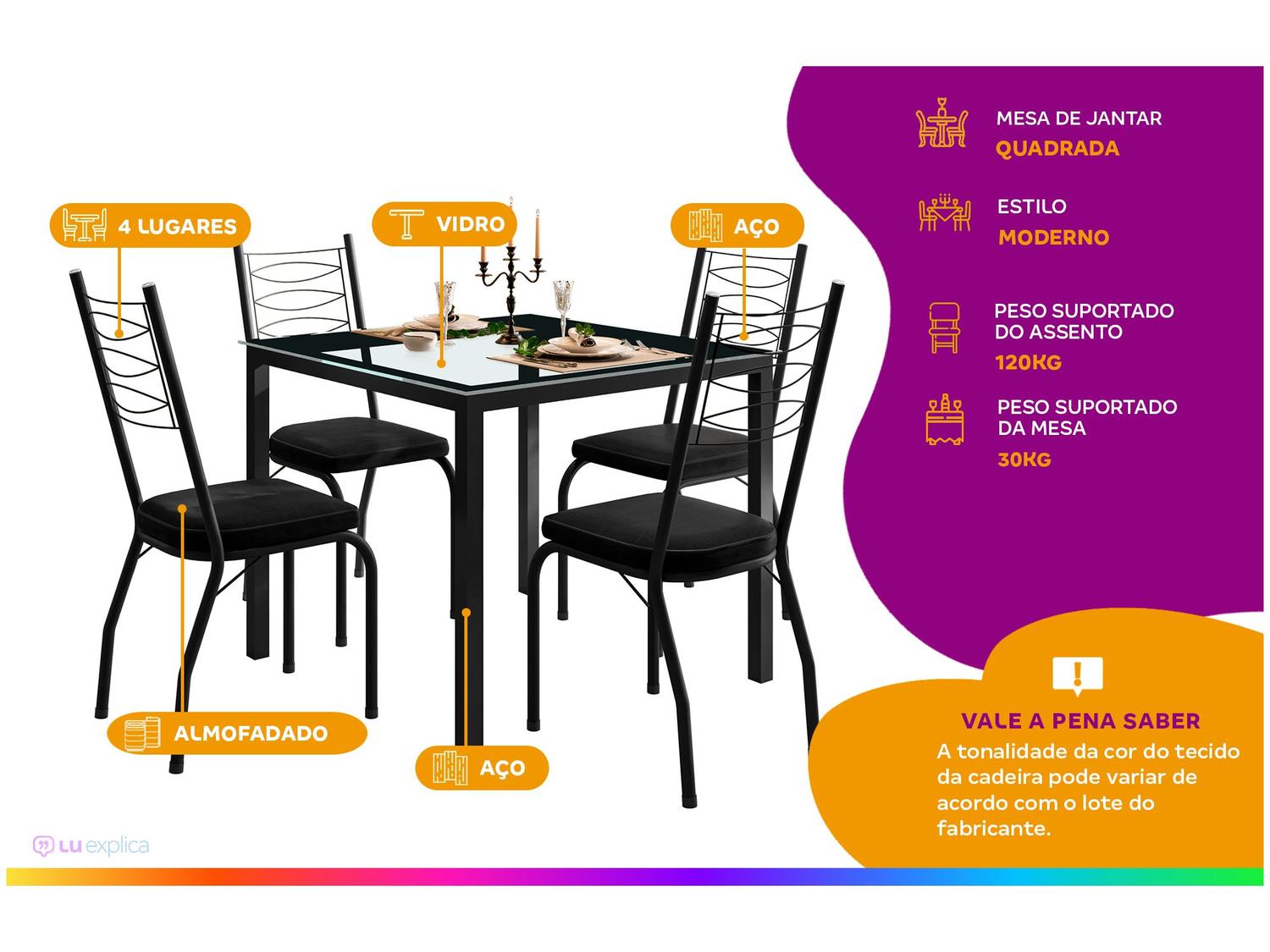 Mesa de Jantar 4 Cadeiras Quadrada Preta Tampo de Vidro Artefamol Florença