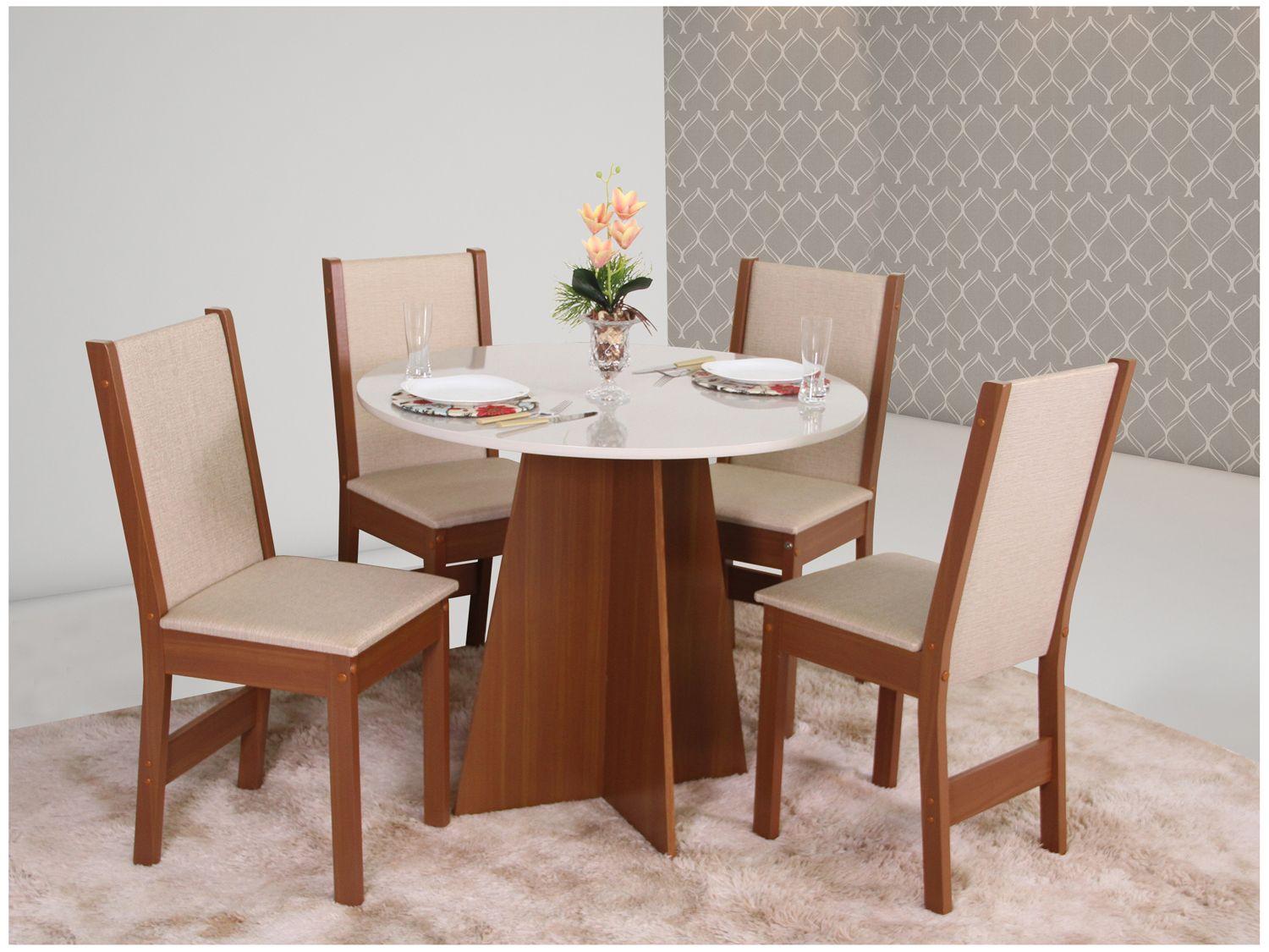 Mesa de Jantar 4 Cadeiras Redonda Naturalle e Off-White Elane Móveis São Carlos