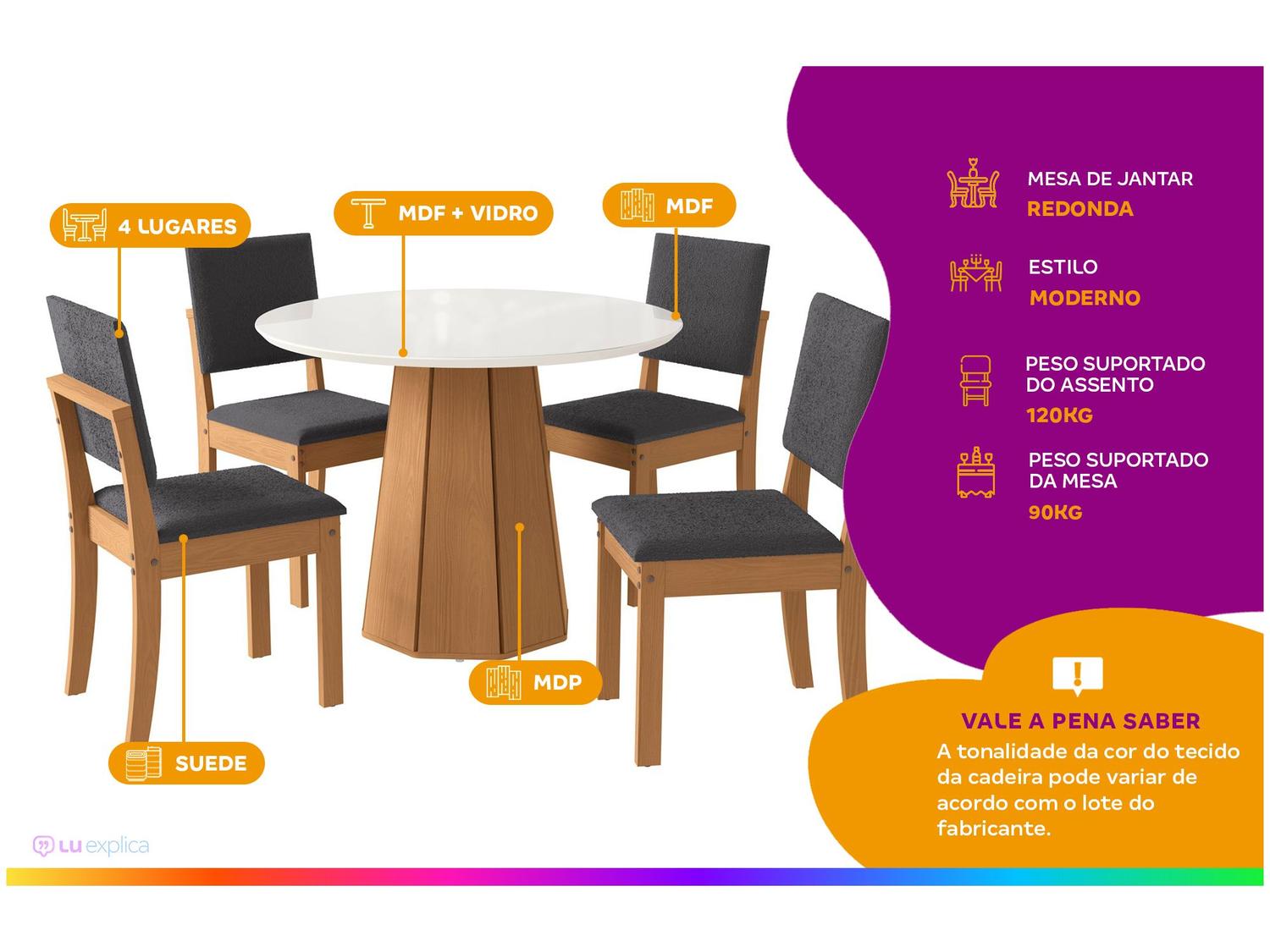 Mesa de Jantar 4 Cadeiras Redonda Tampo de MDF com Vidro Moscato Kappesberg