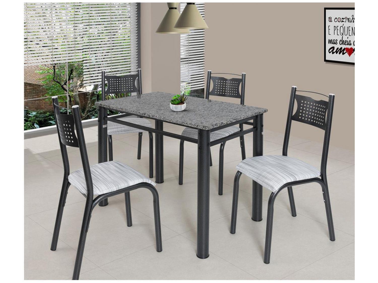 Mesa de Jantar 4 Cadeiras Retangular Aço Tampo Granito Poeme Ciplafe