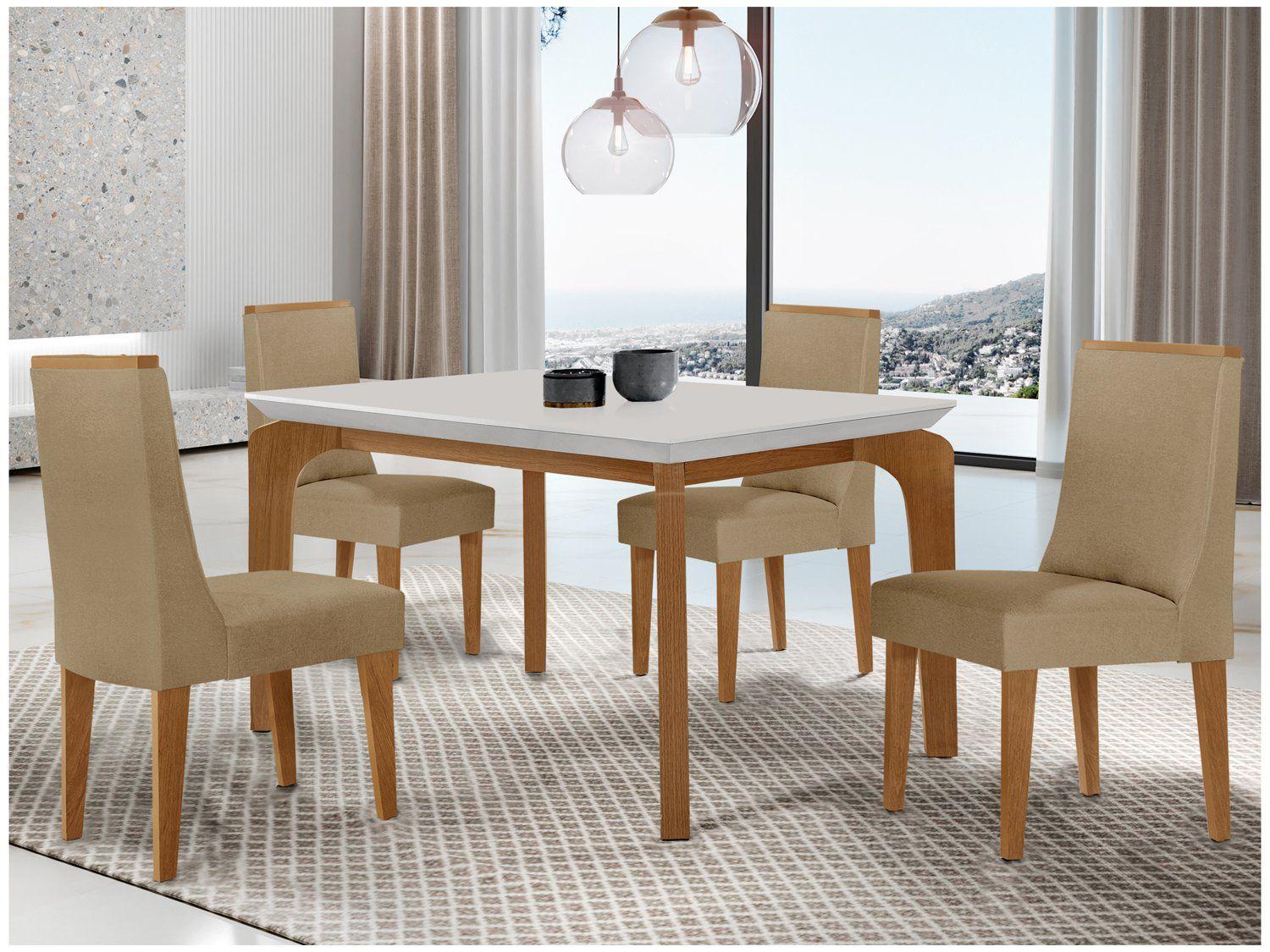 Mesa de Jantar 4 Cadeiras Retangular Imbuia e Off White Tampo de MDF Rufato Londrina