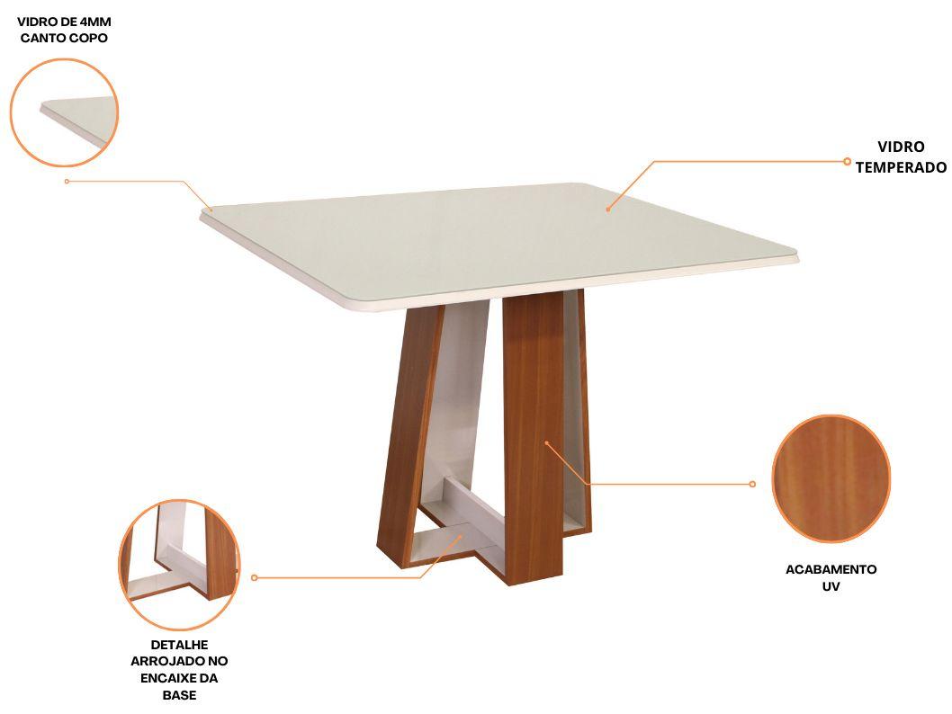 Mesa de Jantar 4 Cadeiras Retangular Naturalle e Off-White Tampo de Vidro Laís Móveis São Carlos