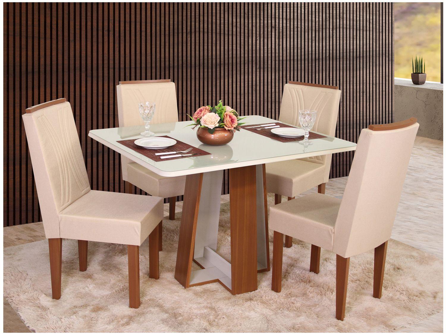 Mesa de Jantar 4 Cadeiras Retangular Naturalle e Off-White Tampo de Vidro Laís Móveis São Carlos