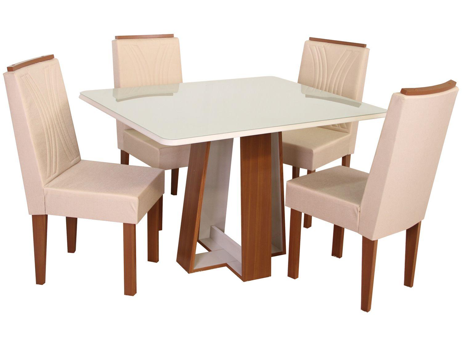 Mesa de Jantar 4 Cadeiras Retangular Naturalle e Off-White Tampo de Vidro Laís Móveis São Carlos