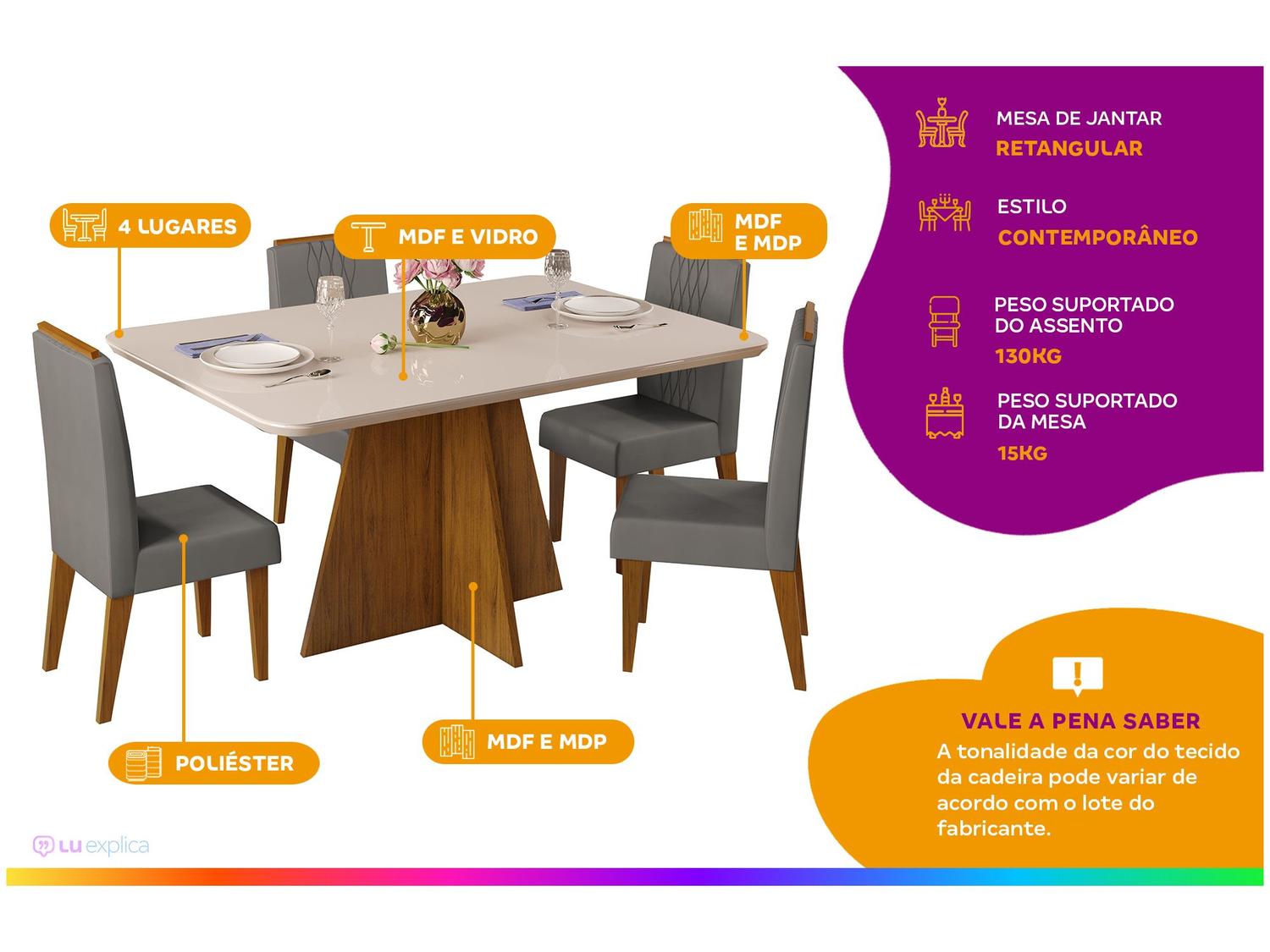 Mesa de Jantar 4 Cadeiras Retangular Off White e Lunar DJ Móveis Siena