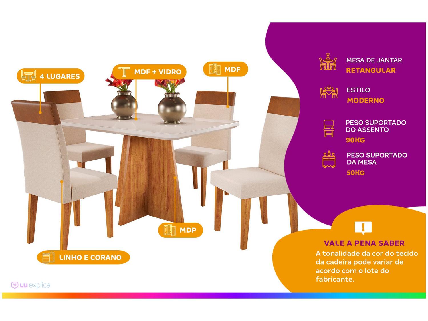 Mesa de Jantar 4 Cadeiras Retangular Tampo de MDF com Vidro Mel e Off White Viena