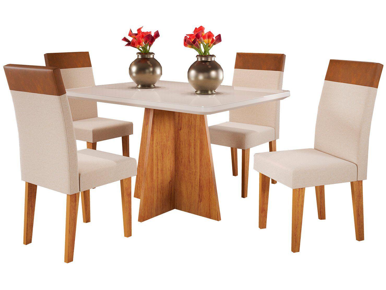 Mesa de Jantar 4 Cadeiras Retangular Tampo de MDF com Vidro Mel e Off White Viena