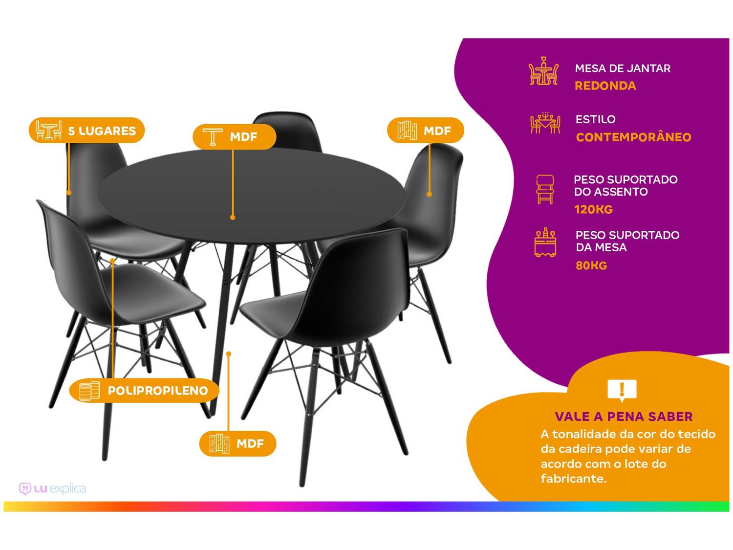 Mesa de Jantar 5 Cadeiras Redonda Preta 