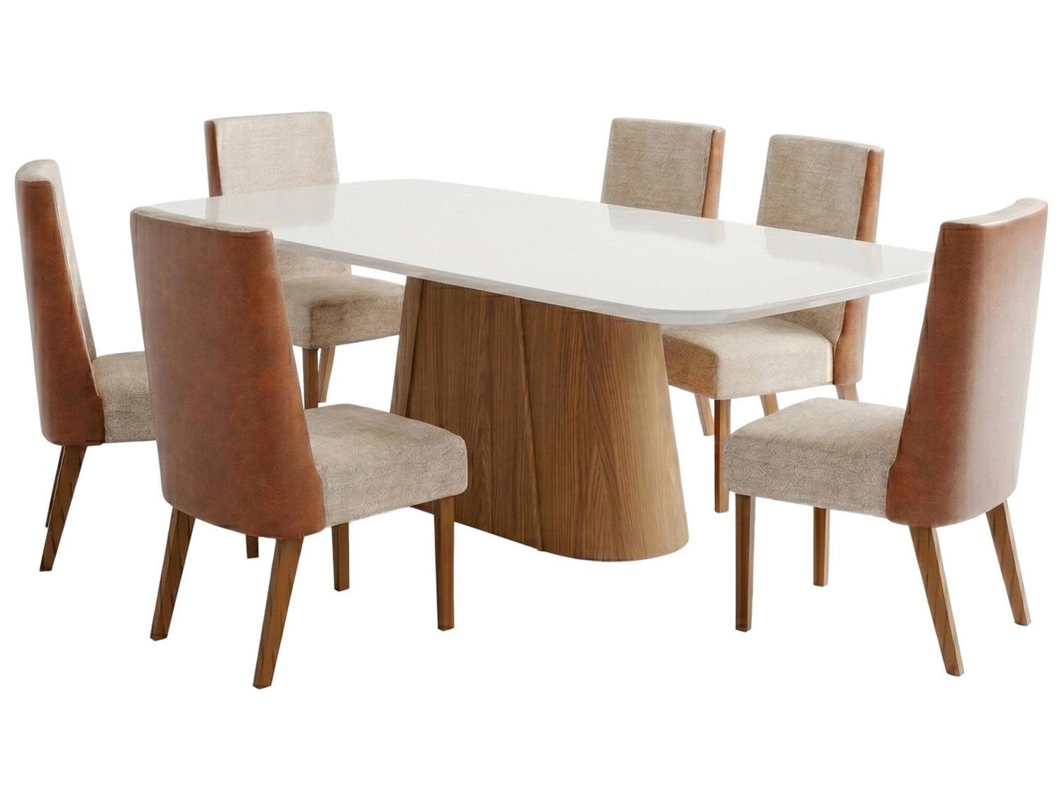 Mesa de Jantar 6 Cadeiras 6 Lugares Retangular Cinamomo Off White Caramelo e Creme Móveis Henn Olívia