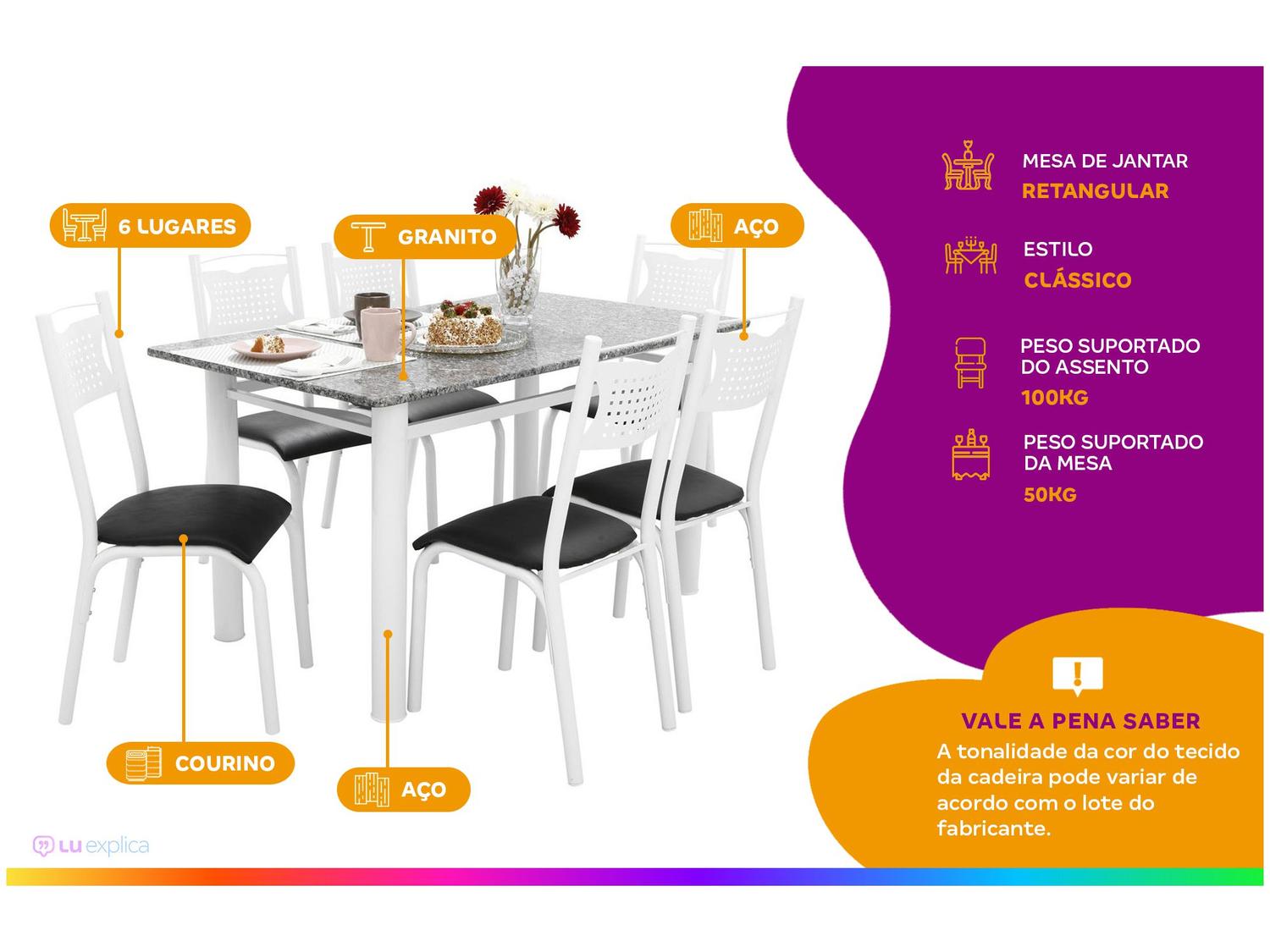 Mesa de Jantar 6 Cadeiras Retangular Aço Tampo Granito Poeme Ciplafe