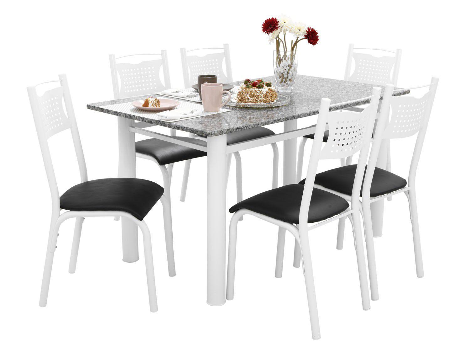 Mesa de Jantar 6 Cadeiras Retangular Aço Tampo Granito Poeme Ciplafe