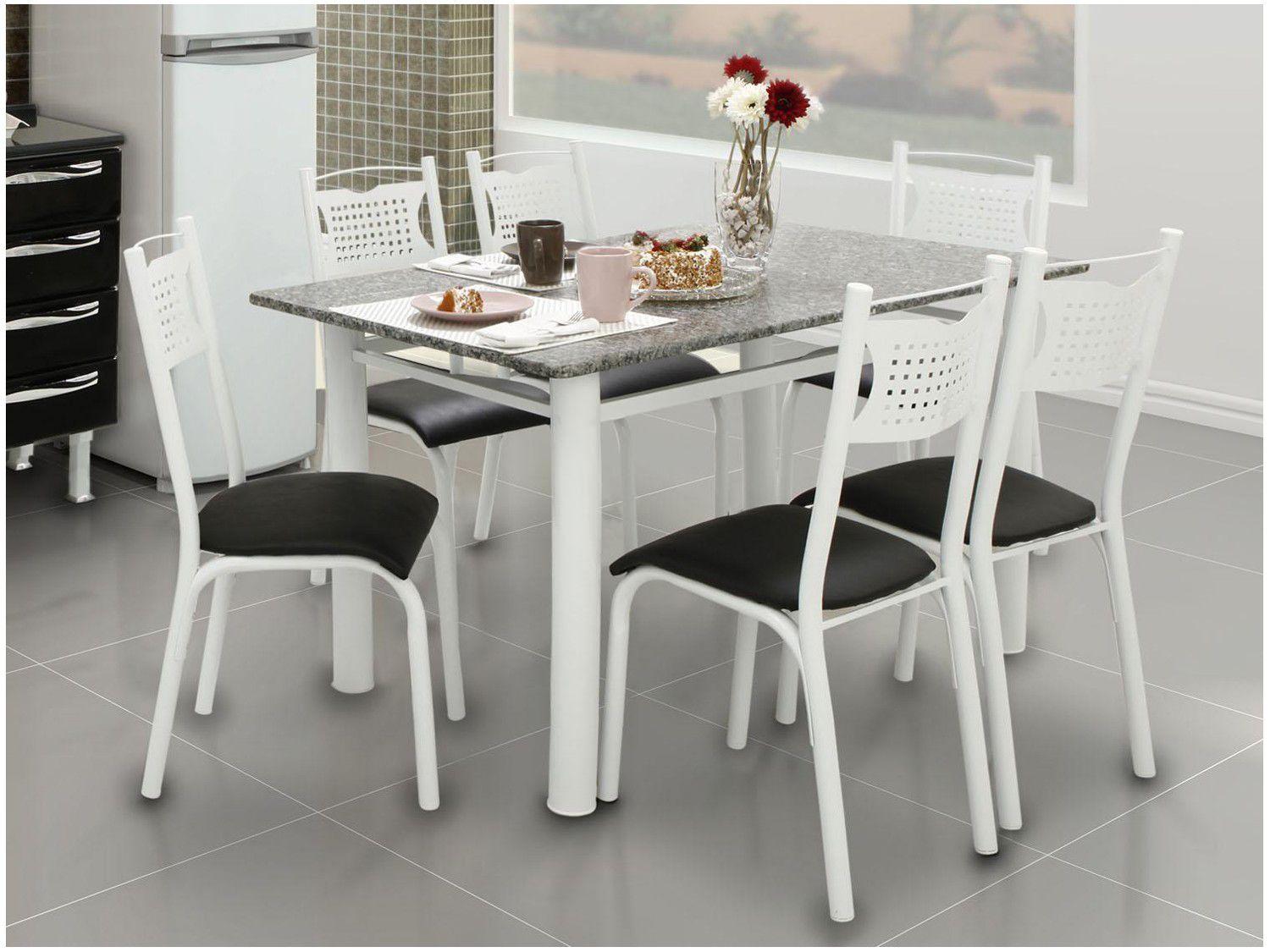 Mesa de Jantar 6 Cadeiras Retangular Aço Tampo Granito Poeme Ciplafe