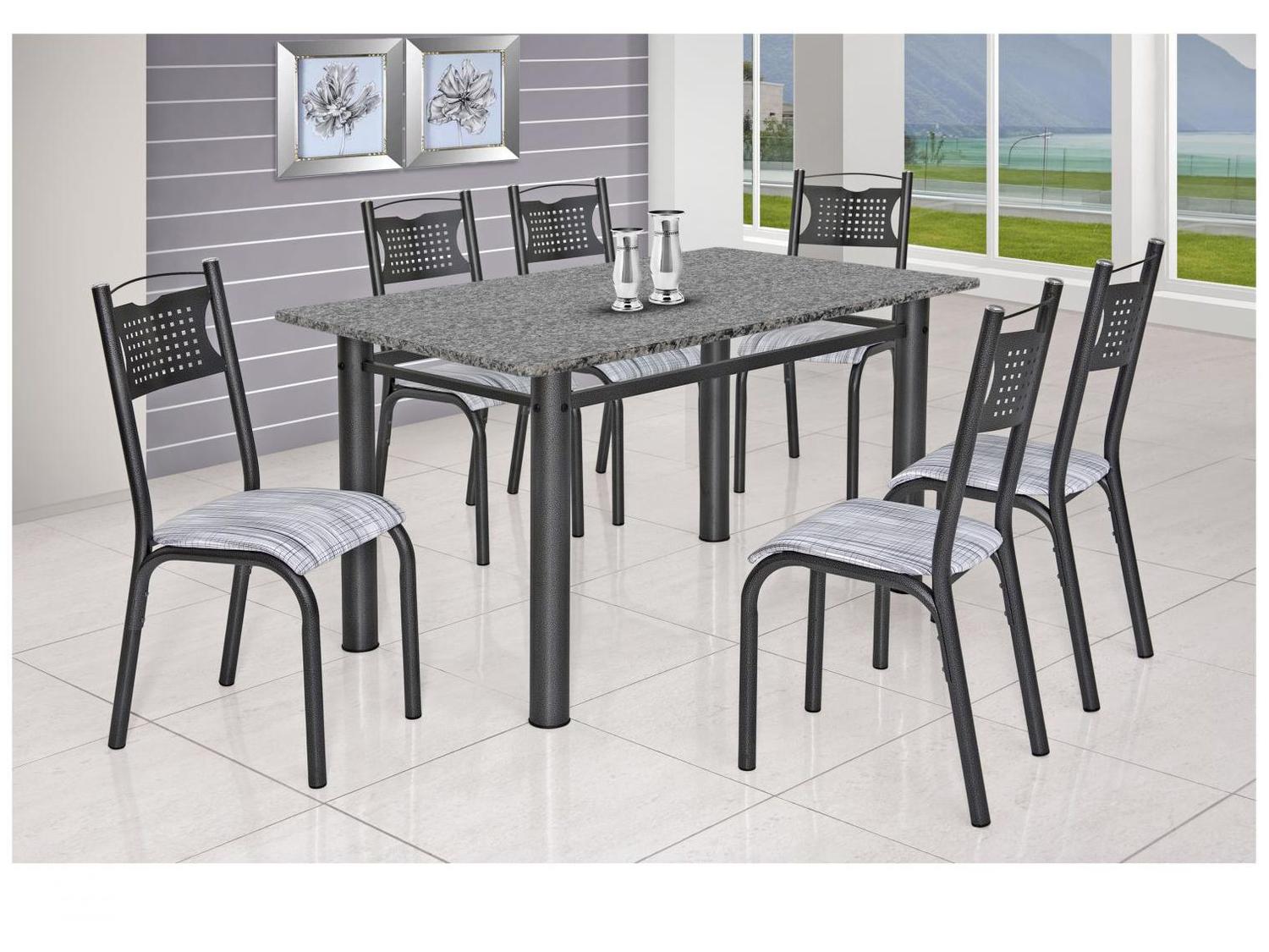 Mesa de Jantar 6 Cadeiras Retangular Aço Tampo Granito Poeme Ciplafe