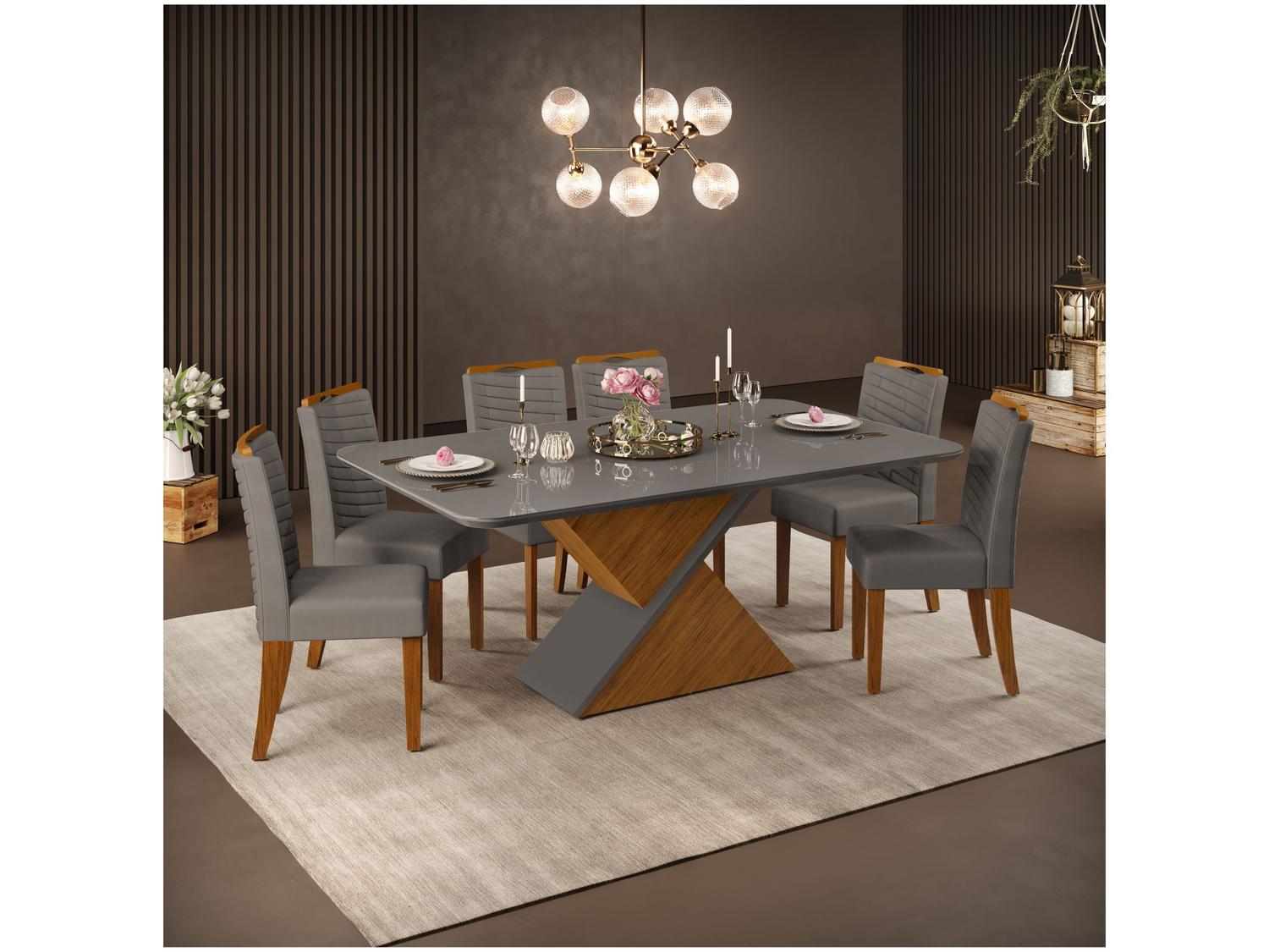 Mesa de Jantar 6 Cadeiras Retangular Cinza e Lunar DJ Móveis Firenze