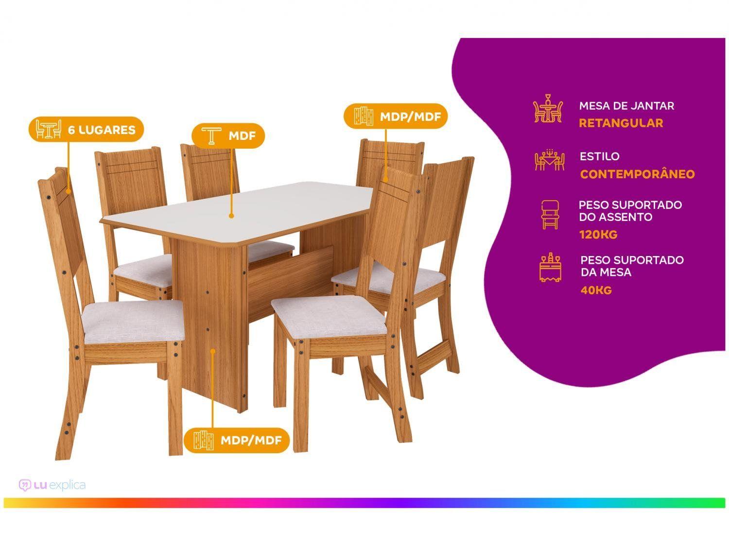 Mesa de Jantar 6 Cadeiras Retangular Freijo e Off White Indekes Cristal