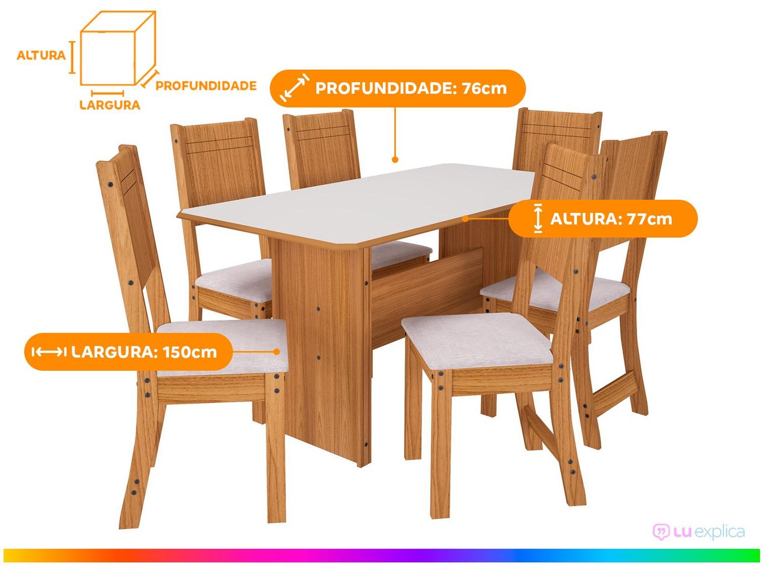 Mesa de Jantar 6 Cadeiras Retangular Freijo e Off White Indekes Cristal