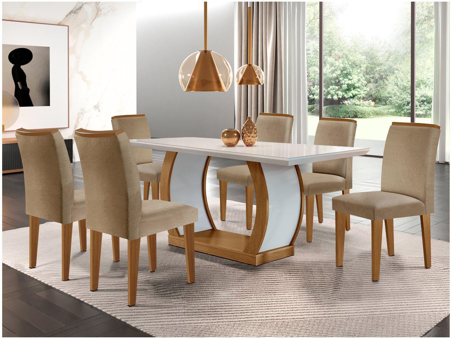 Mesa de Jantar 6 Cadeiras Retangular Imbuia e Off White Tampo de MDF com Vidro Rufato Jade