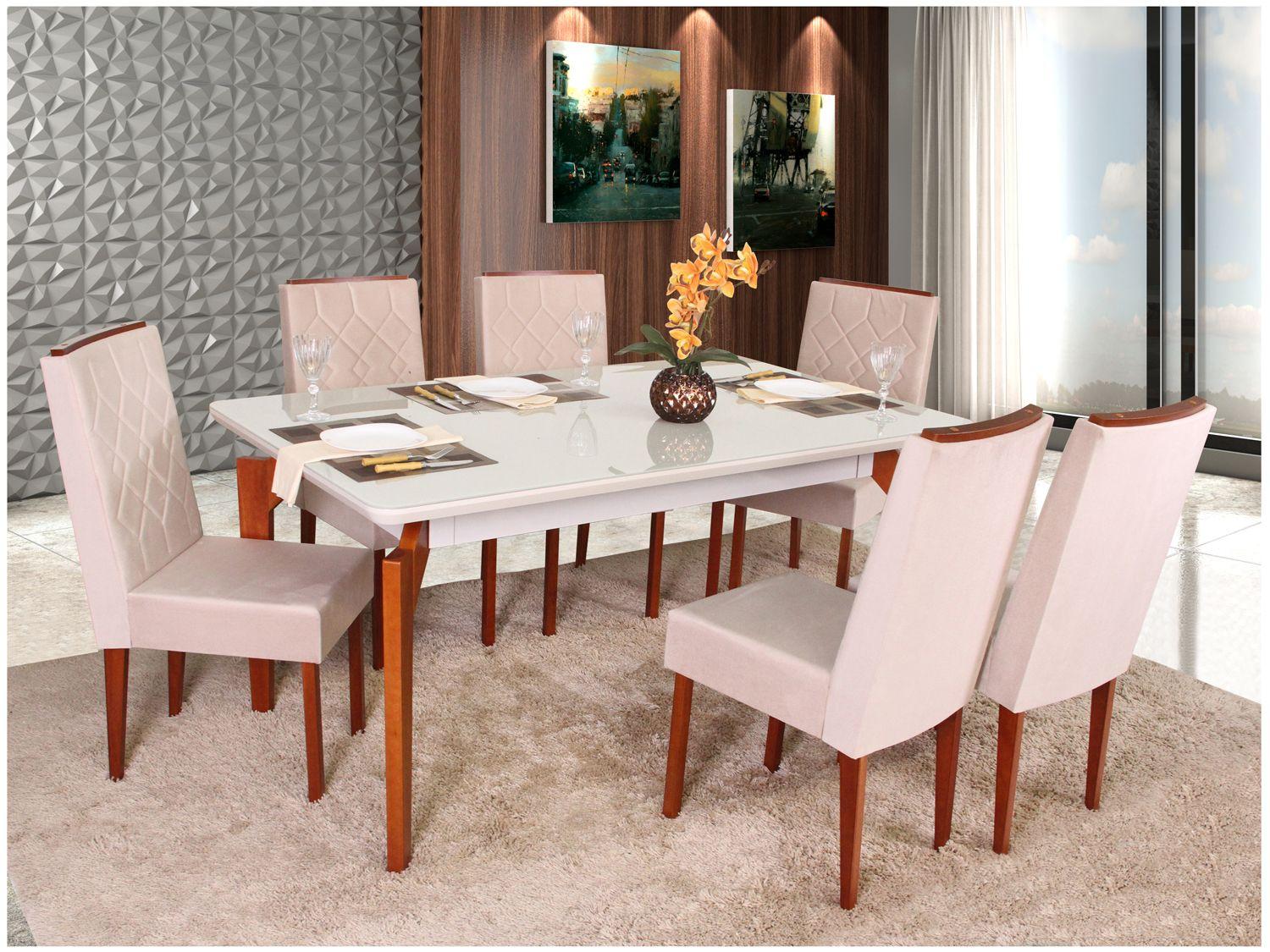 Mesa de Jantar 6 Cadeiras Retangular Madeira Maciça Mel e Off-White Tampo de Vidro Abeille Móveis São Carlos