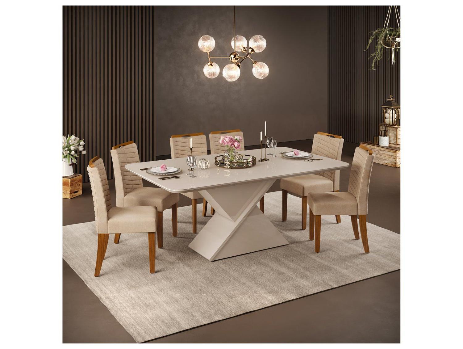 Mesa de Jantar 6 Cadeiras Retangular Off White e Saara DJ Móveis Firenze