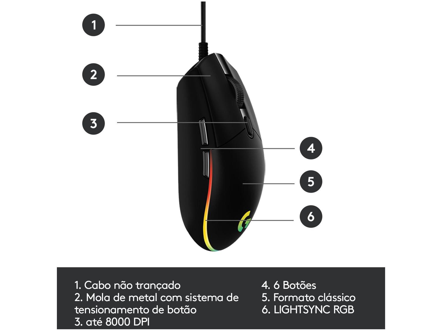 Mouse Gamer Lightsync RGB Logitech Óptico 8000DPI