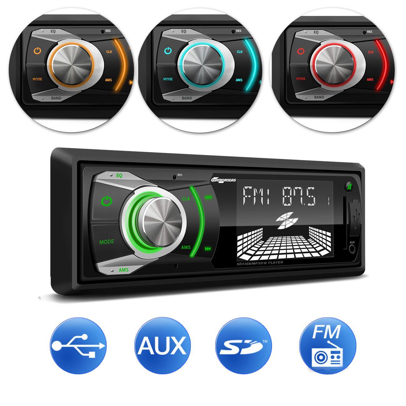 MP3 Player Automotivo Quatro Rodas 1 Din 3 Pol USB AUX FM RCA