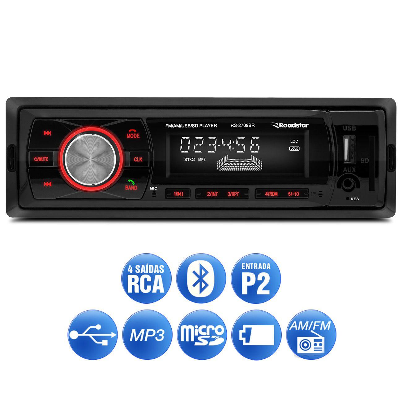 MP3 Player Automotivo Roadstar RS2709BR 1 Din LCD Bluetooth USB Micro