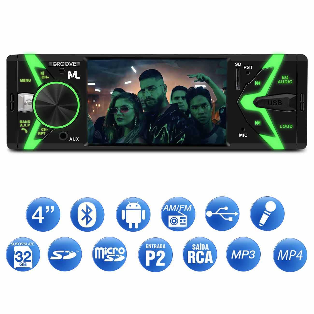 MP5 Player Automotivo Multilaser Groove P3341 LCD 4” Bluetooth MP3 MP4