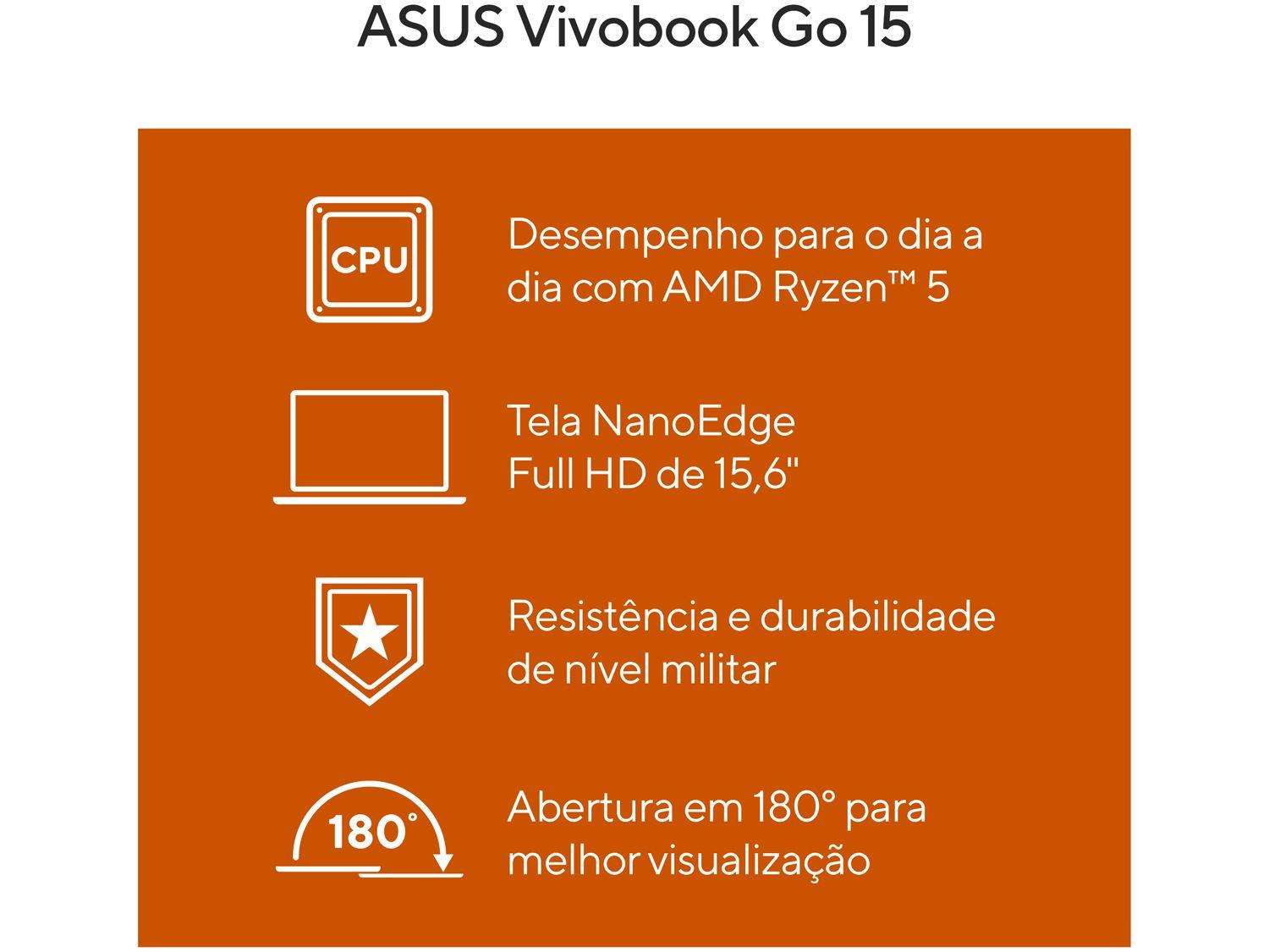Notebook ASUS Vivobook Go 15 AMD Ryzen 5 7520U 8GB RAM 512GB SSD 15,6" Full HD Windows 11 E1504FA-NJ836W