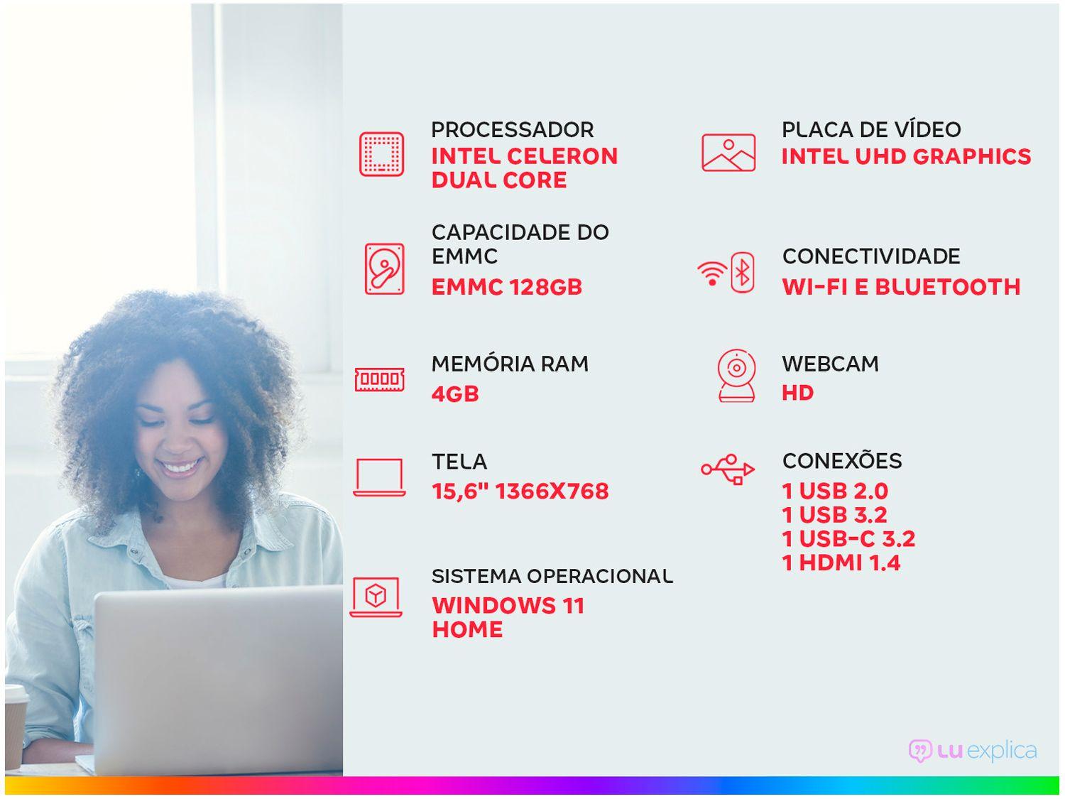 Notebook ASUS Vivobook Go 15 Intel Celeron 4GB RAM 128GB eMMC 15,6" UHD Star Black Windows 11+ Microsoft 365 Personal Office E510KA-BR808WS