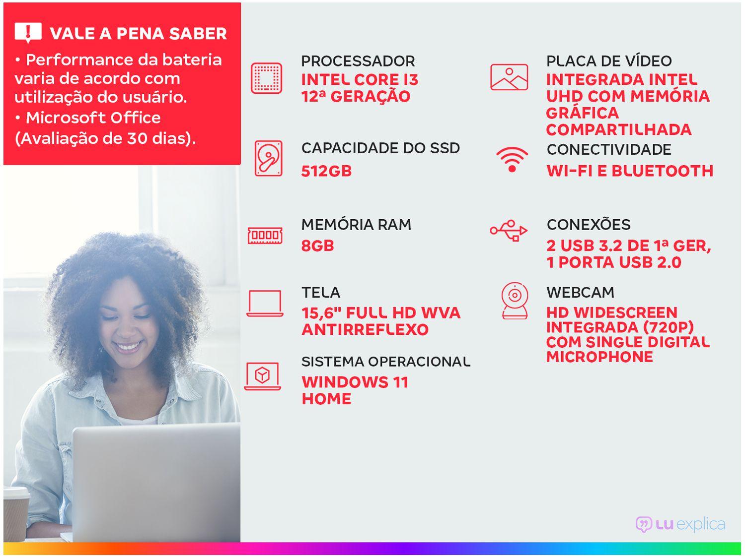 Notebook Dell Inspiron 15 I15-I120K-A15P Intel Core i3 8GB RAM SSD 512GB 15,6" Full HD Windows 11 I15-I120K-A15P