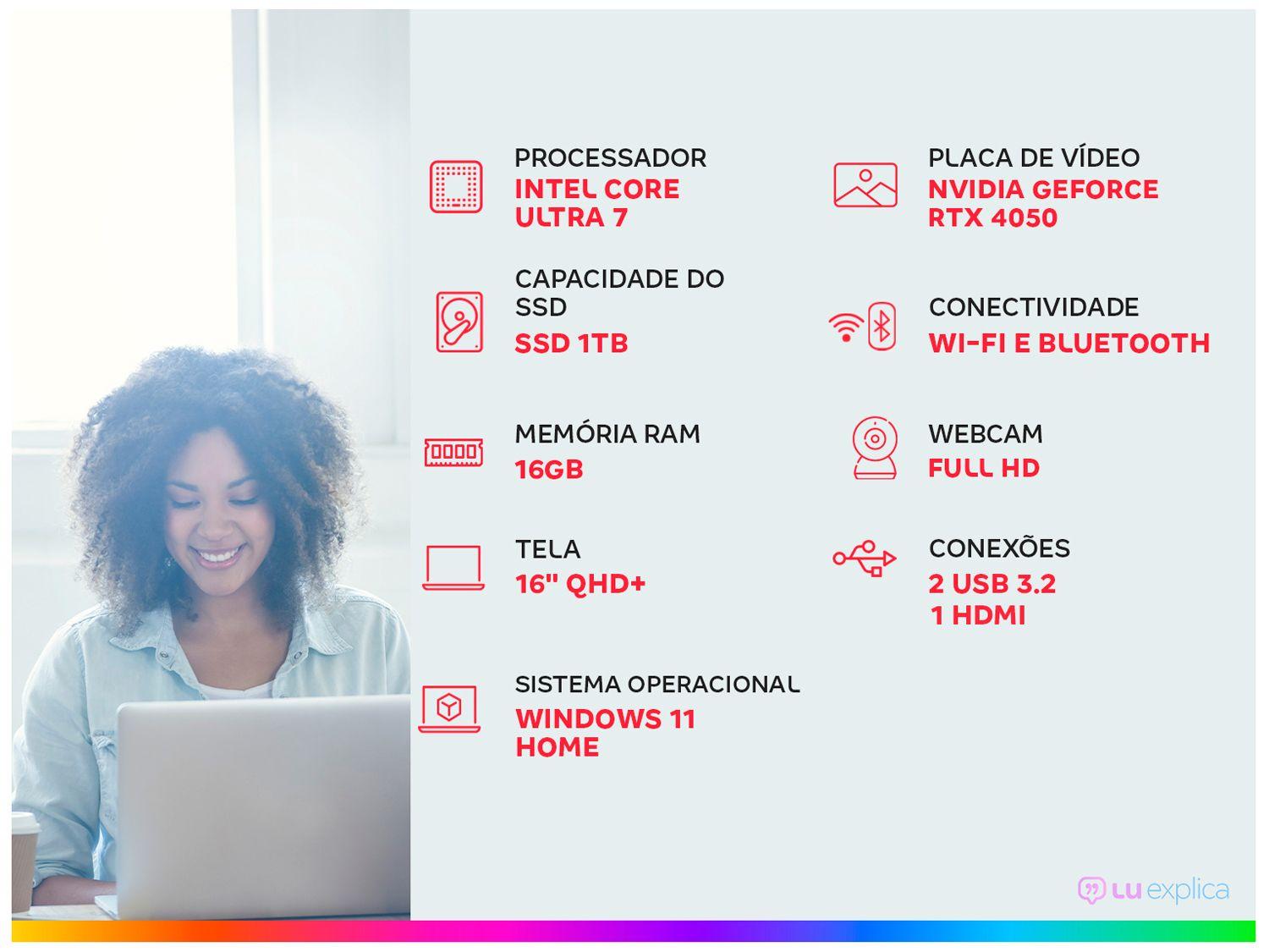 Notebook Dell Inspiron 16 Plus Intel Core Ultra 7 1TB SSD 16GB RAM 16" NVIDIA RTX 4050 6GB Windows 11 I16-U7155H-A10