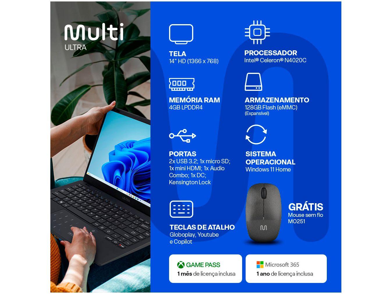 Notebook Multi Ultra UB251 4GB RAM 128GB eMMC 14" HD Windows 11 UB251 + Mouse Sem Fio