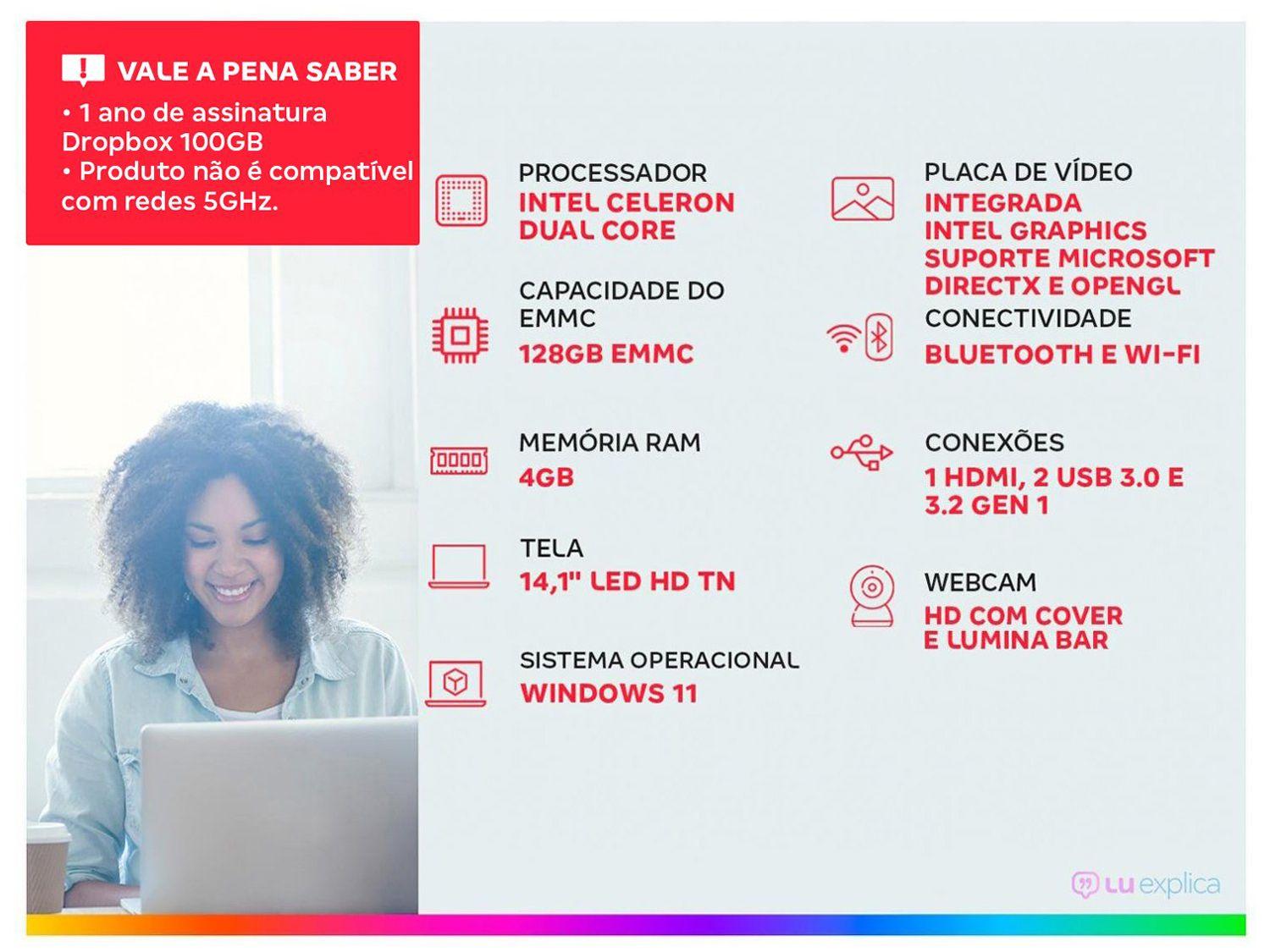 Notebook Positivo Vision C14 Intel Celeron 4GB 128GB eMMC 14” HD Windows 11 Microsoft 365