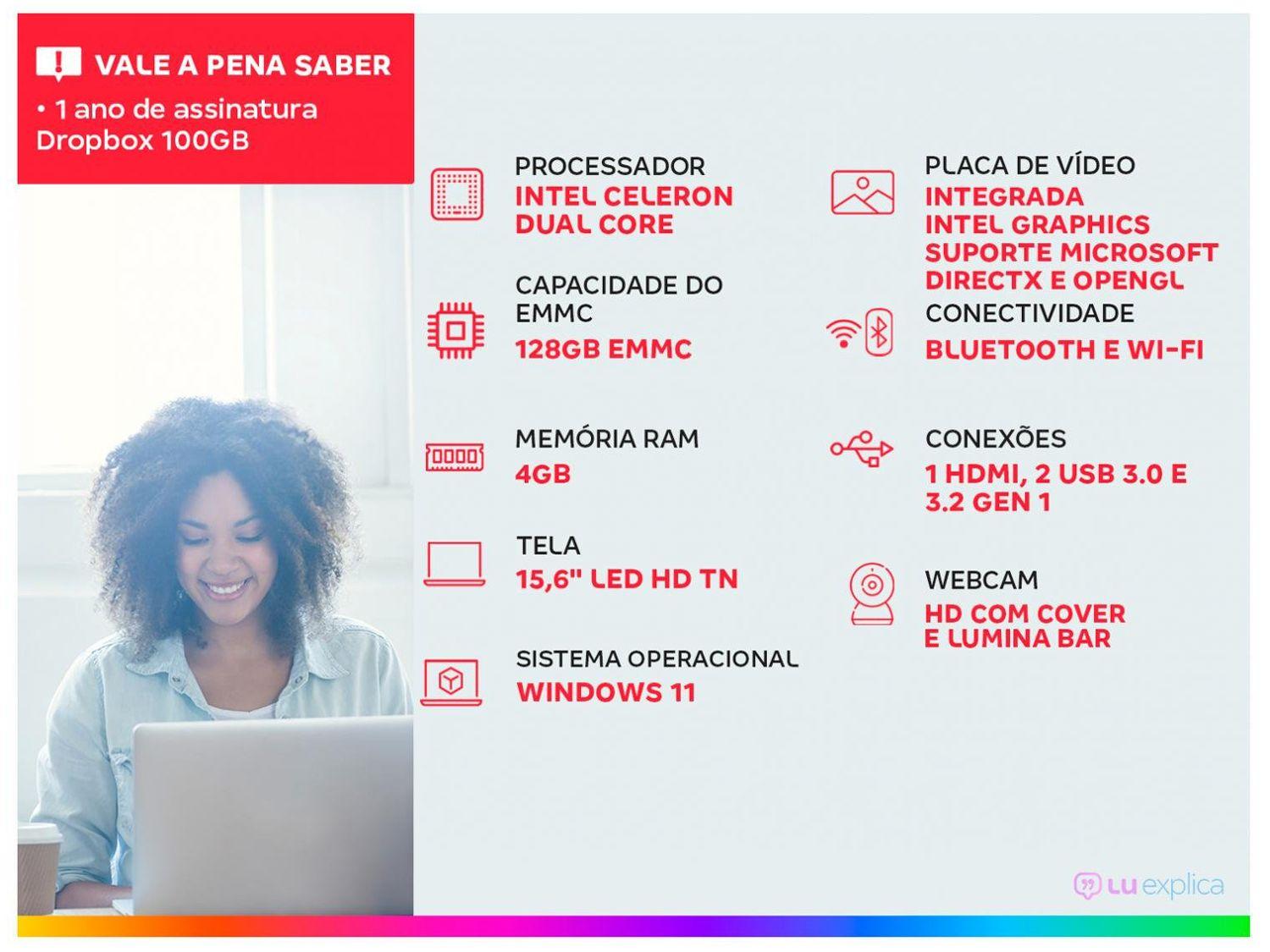 Notebook Positivo Vision C15 Intel Celeron 4GB 128GB 15,6” HD Windows 11 Microsoft 365 C4128A-15