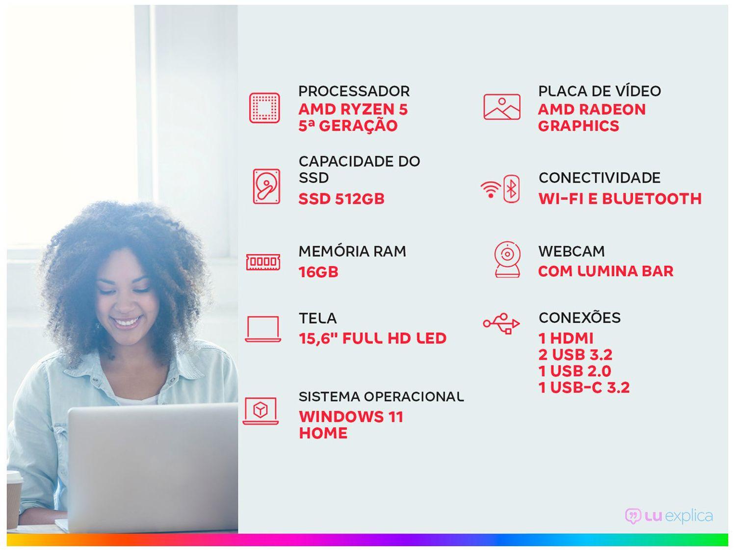 Notebook Positivo Vision R15 R516512A-15 AMD Ryzen 5 16GB RAM SSD 512GB 15,6" Full HD Windows 11 3002956