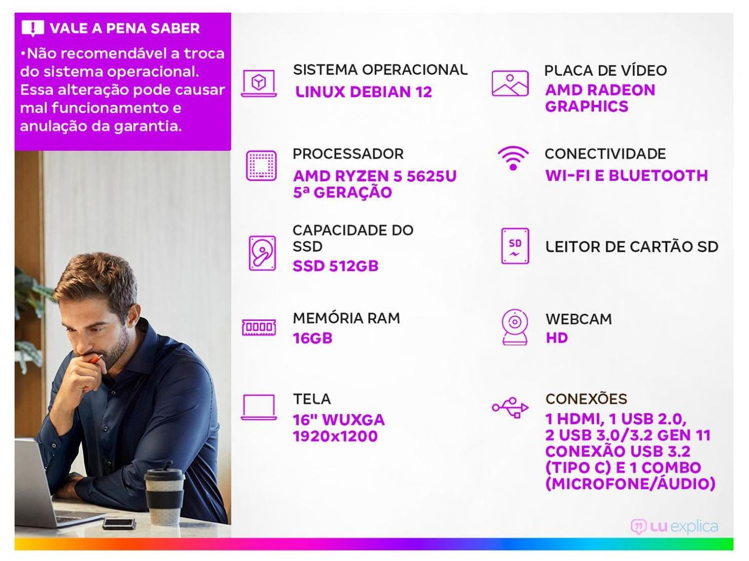Notebook Vaio FE16 VJFE69F11X-B0711H AMD Ryzen 5 5625U 16GB RAM 512GB SSD 16" WUXGA Linux Debian 12 Widescreen 3344395
