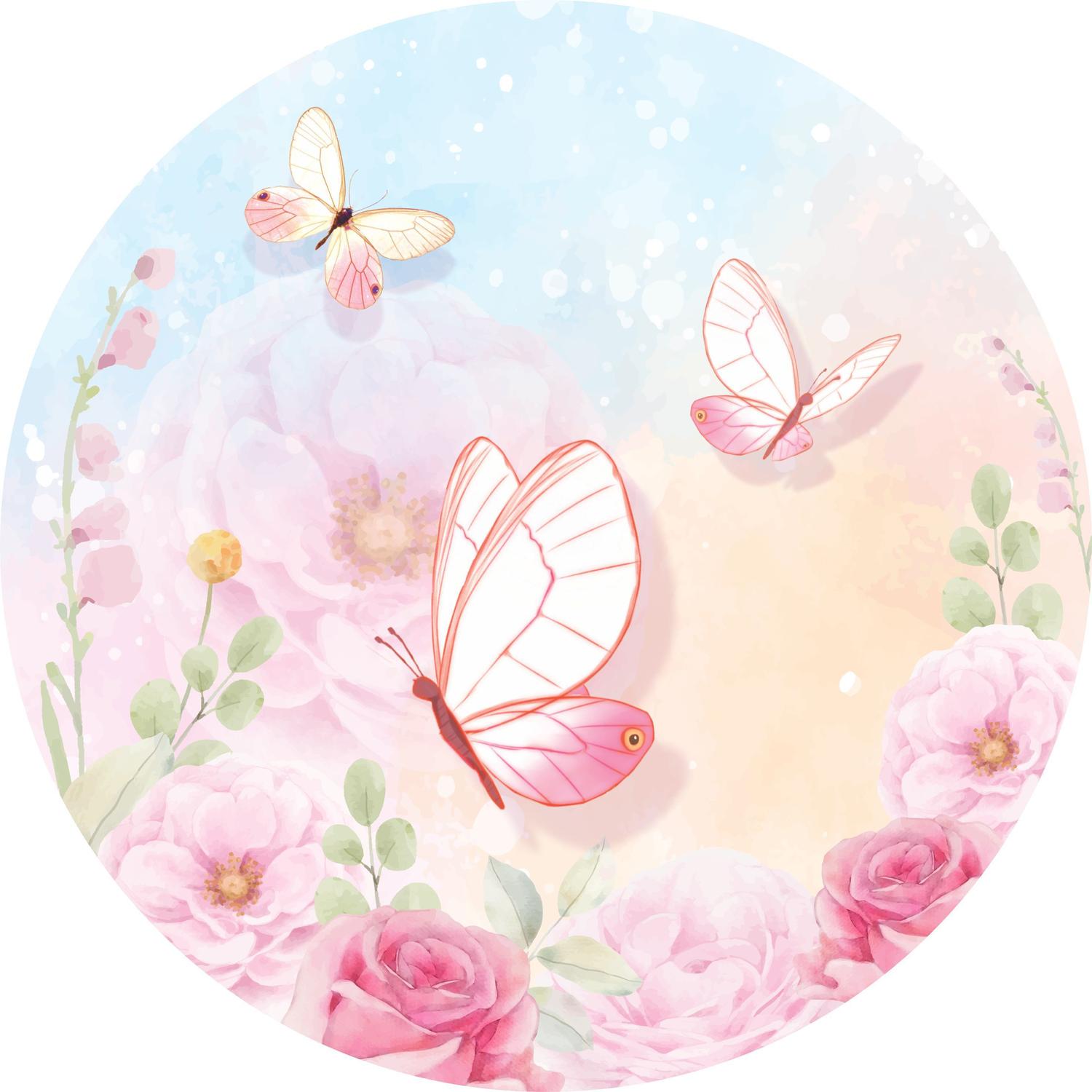 painel de lona redondo borboletas e rosa aquarela tons pastéis