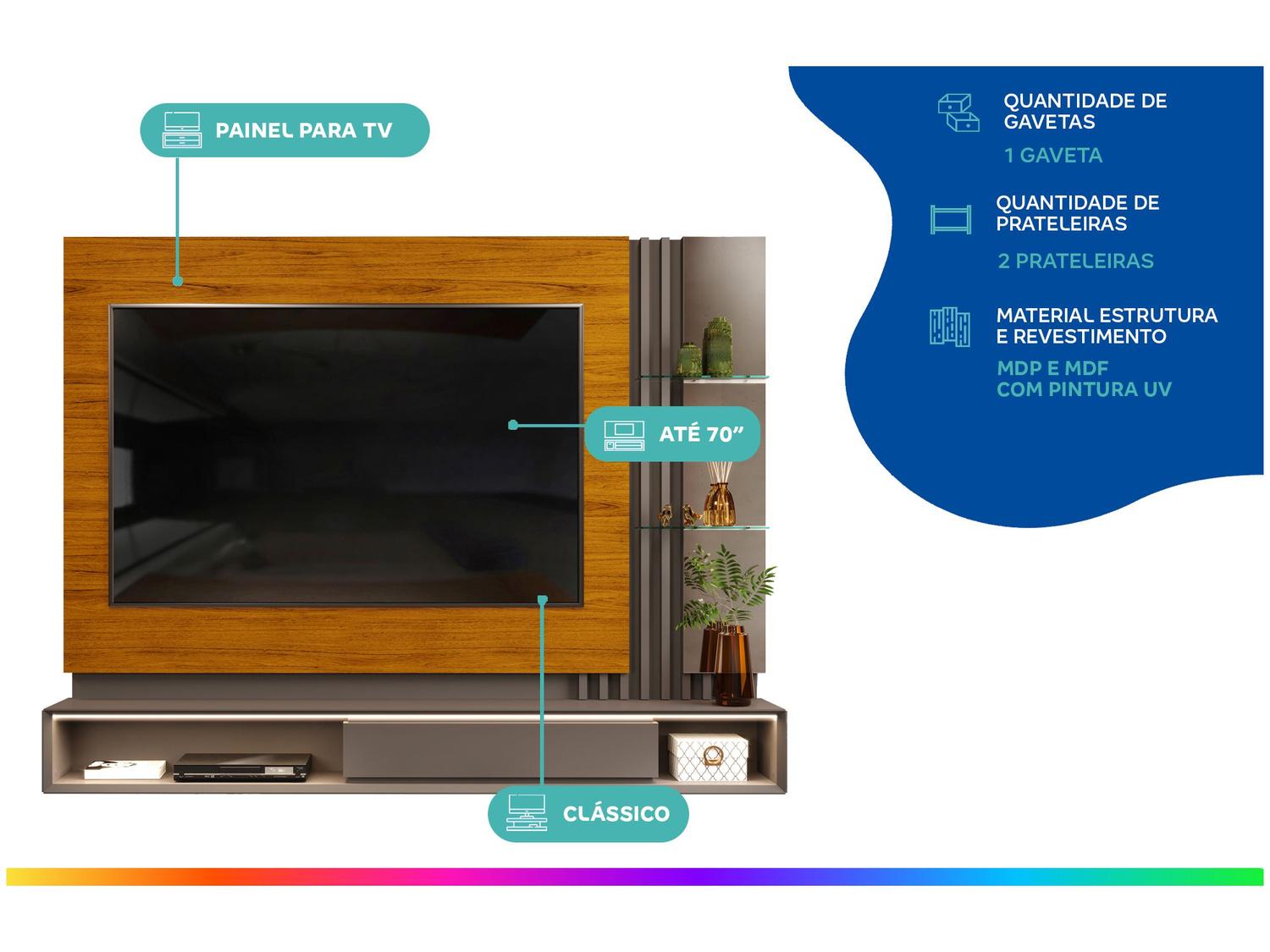 Painel para TV até 70” DJ Móveis Pietro 2 Prateleiras