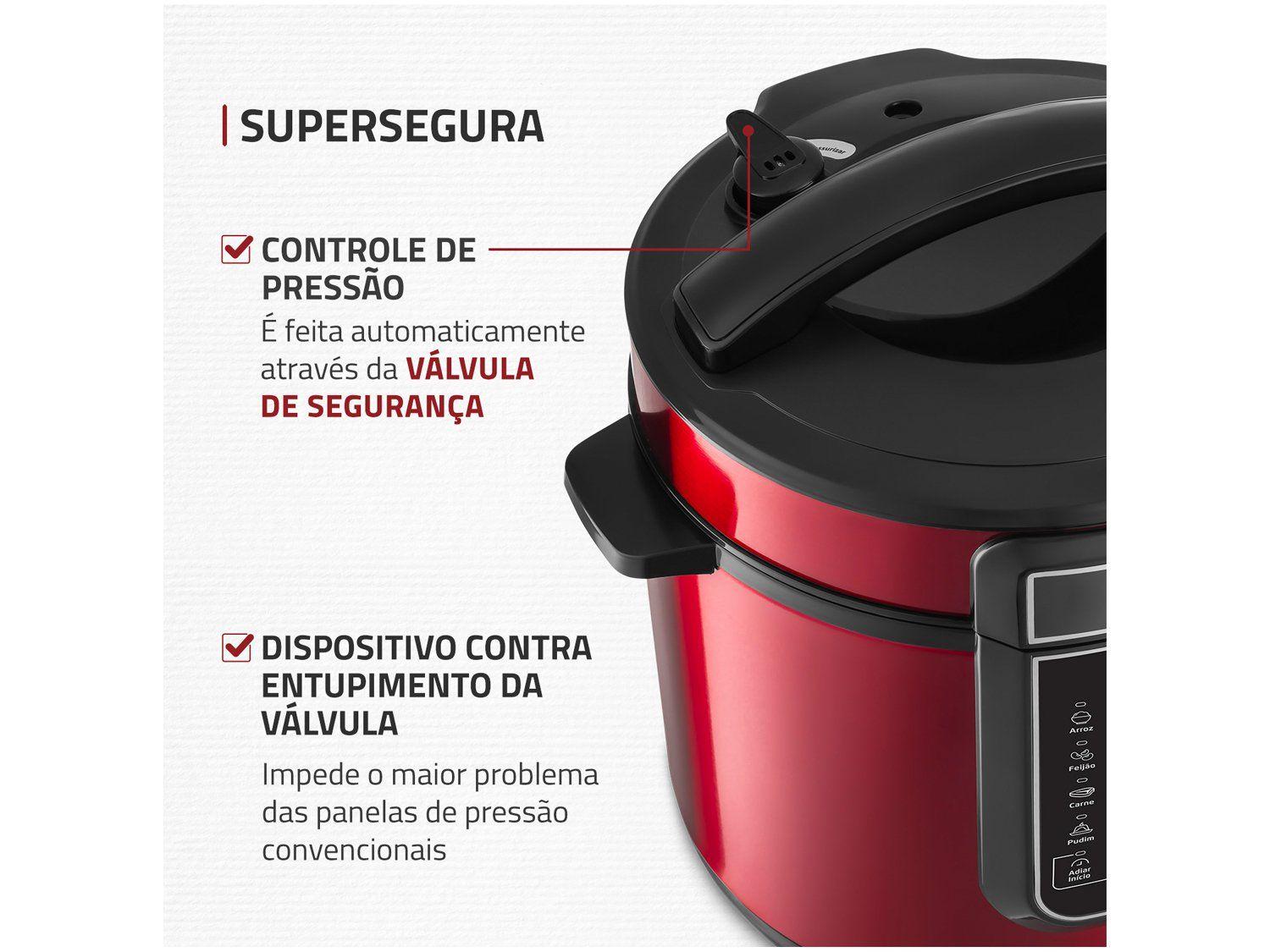 Detalhe da válvula de segurança e do dispositivo contra entupimento na tampa da panela