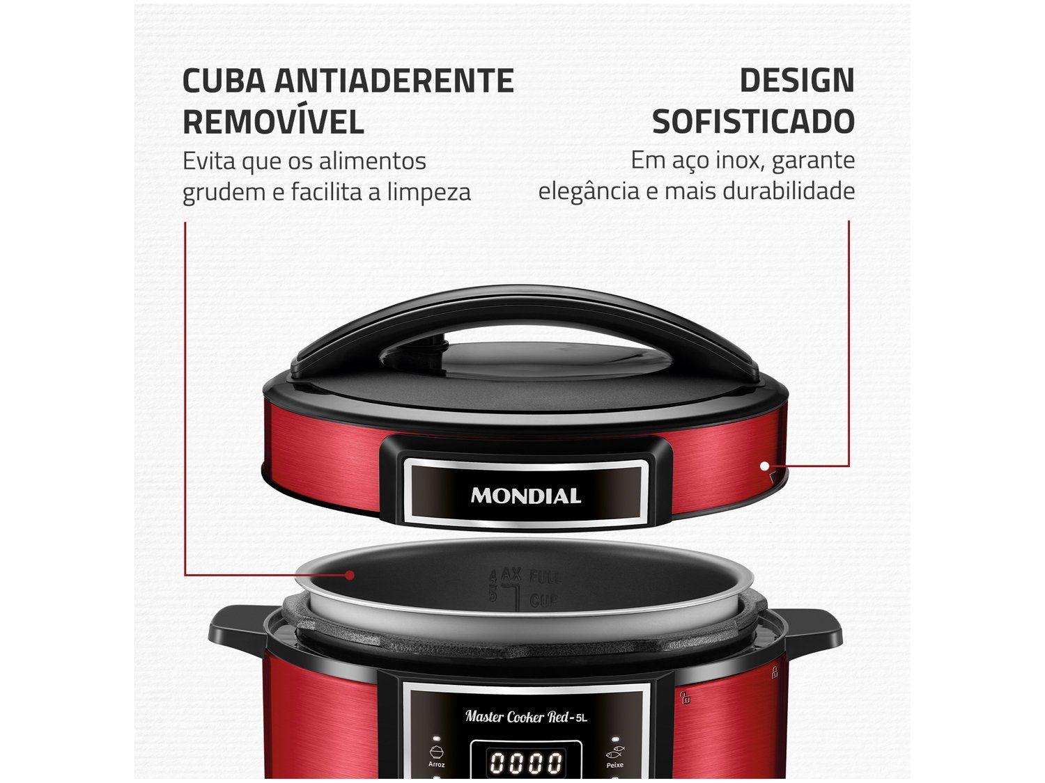 Vista explodida mostrando a cuba antiaderente removível e o acabamento em inox
