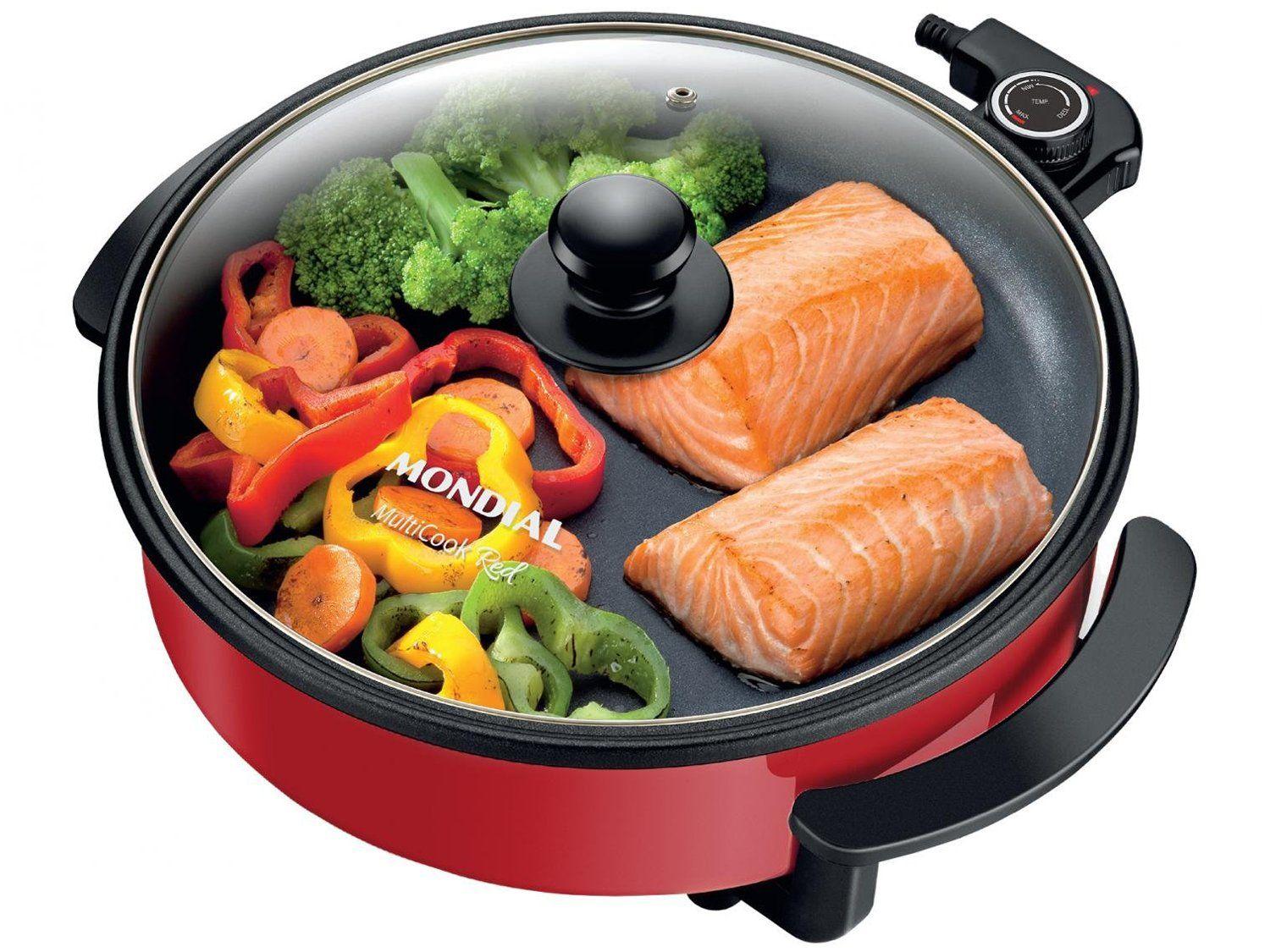 Panela Elétrica Multifuncional Grill Redonda Mondial Multicook Red PE-28 1200W 3L